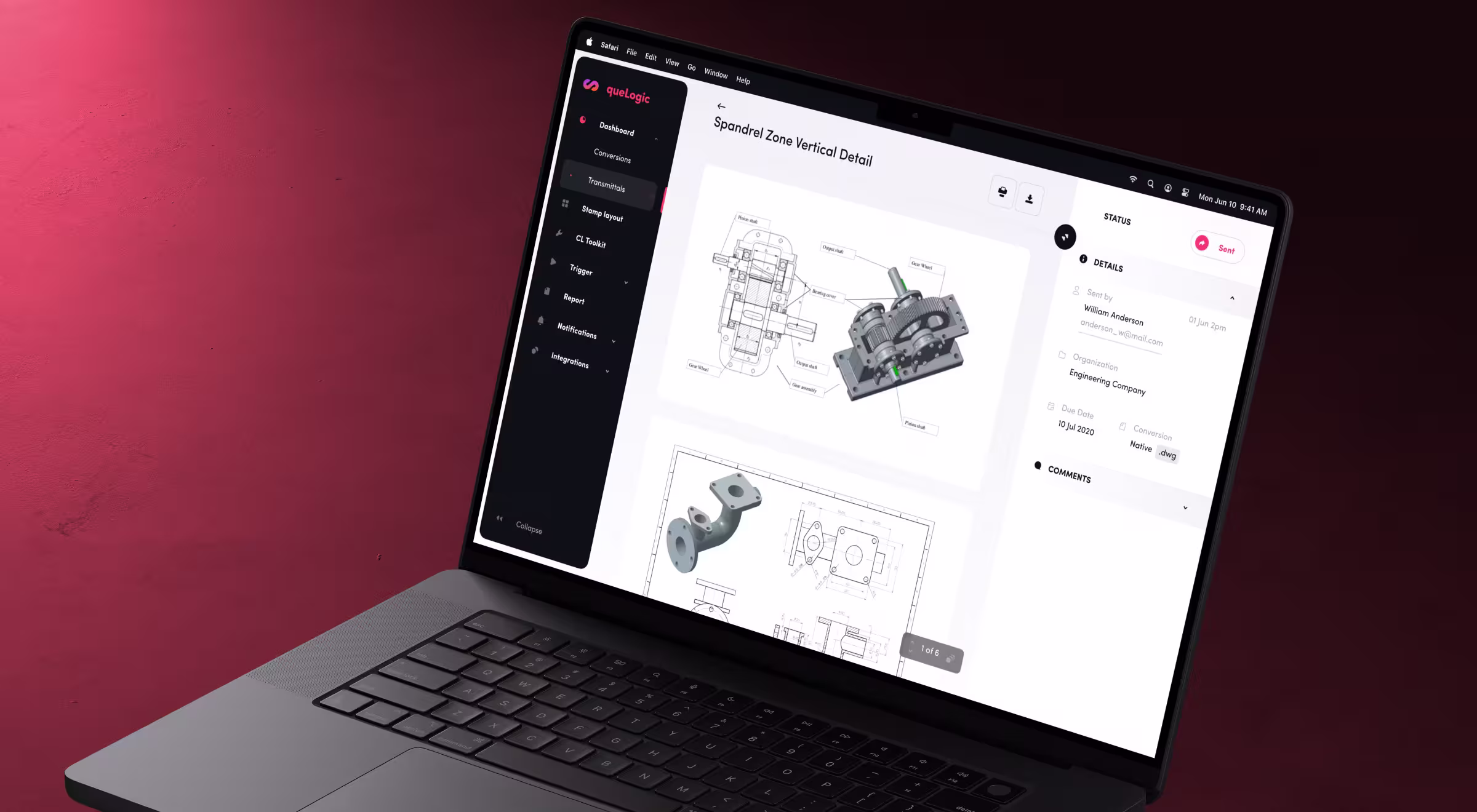 Laptop displaying an engineering collaboration platform with detailed CAD drawings, technical documentation, and project review tools.