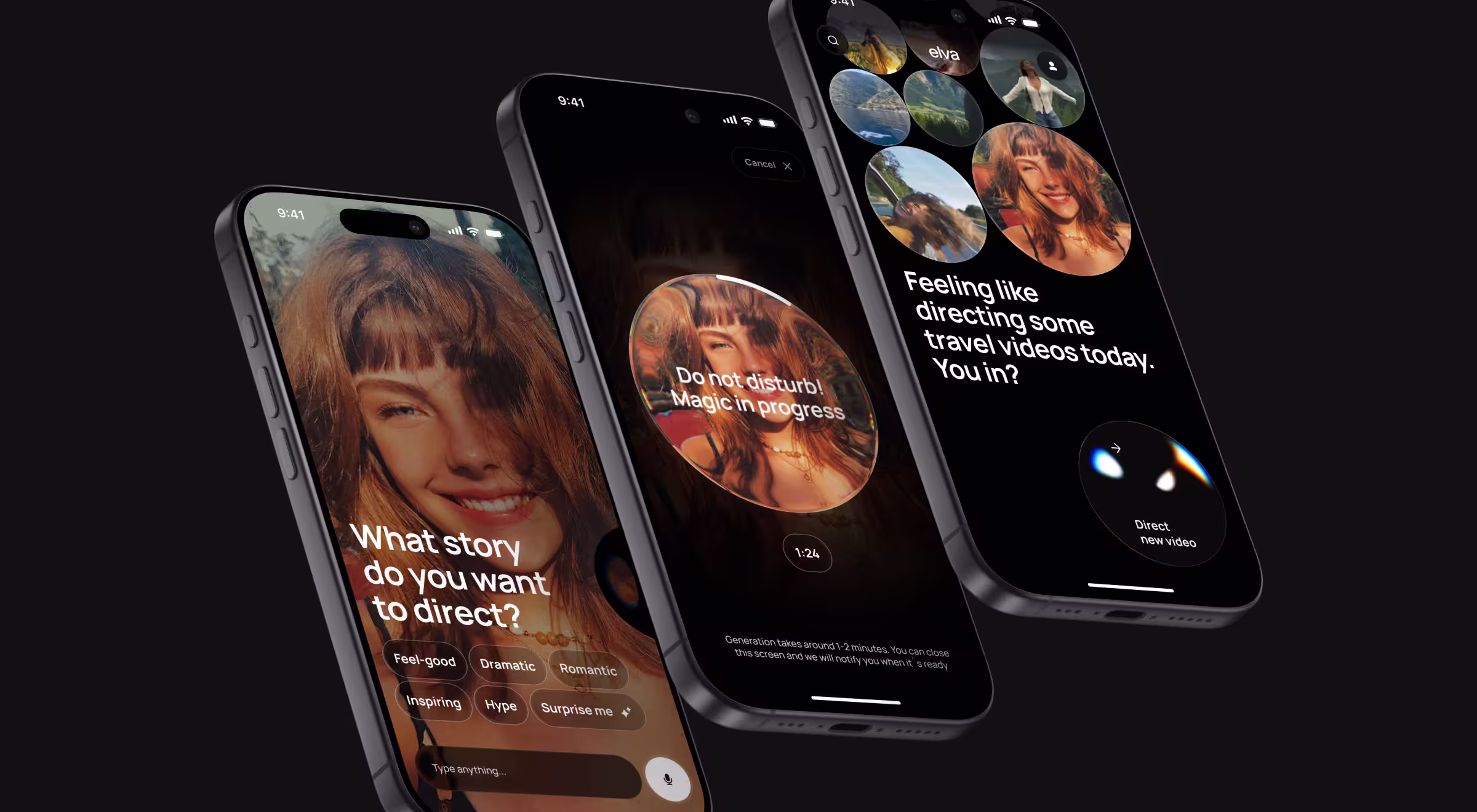 Three mobile screens illustrating an AI-native video creation experience. Users describe the story they want to create, wait while AI generates the video, and review a personalized feed of automatically produced content.