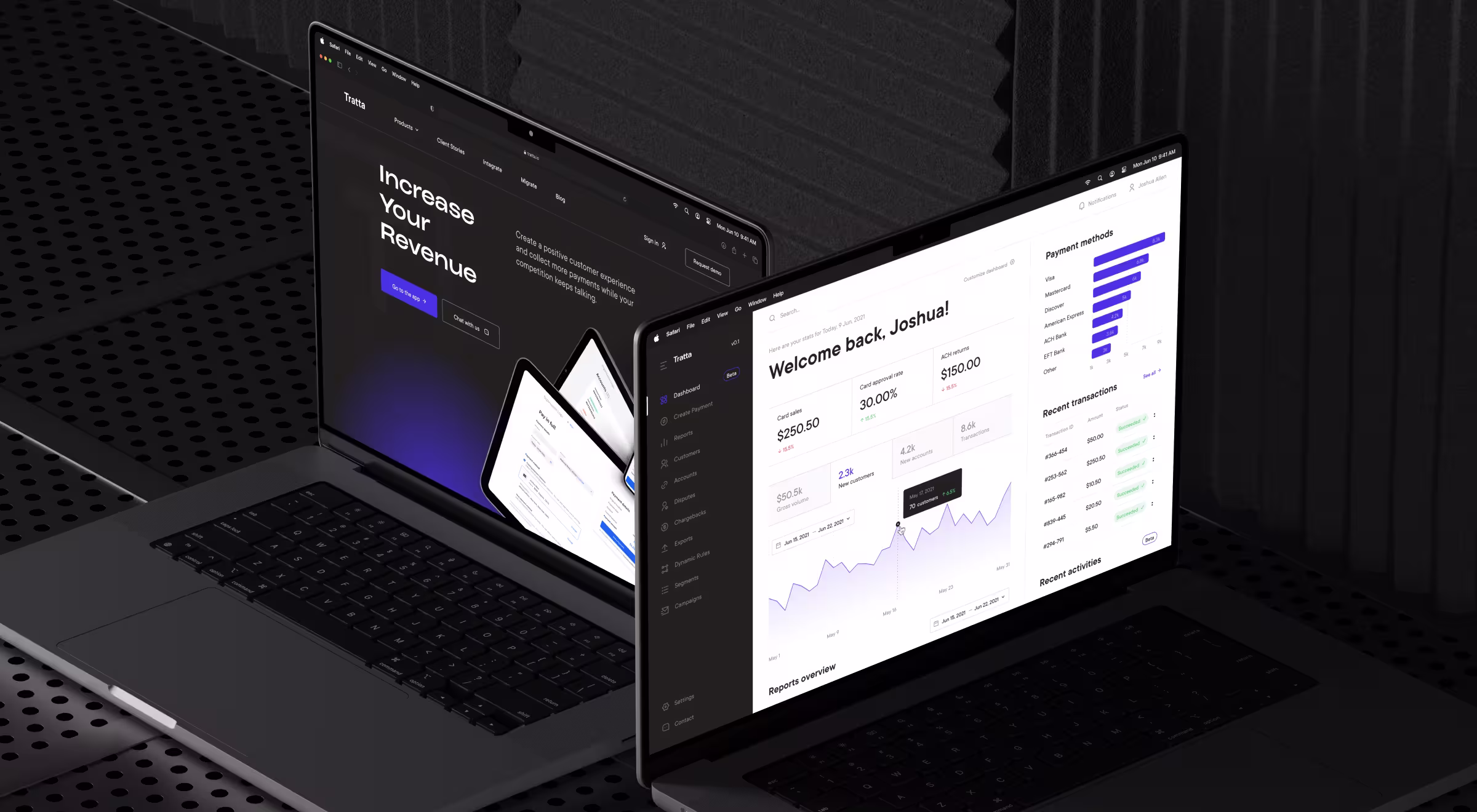Two laptop screens display a SaaS platform interface and analytics dashboard, showcasing revenue metrics, transaction data, payment insights, and business performance monitoring in a modern fintech environment.