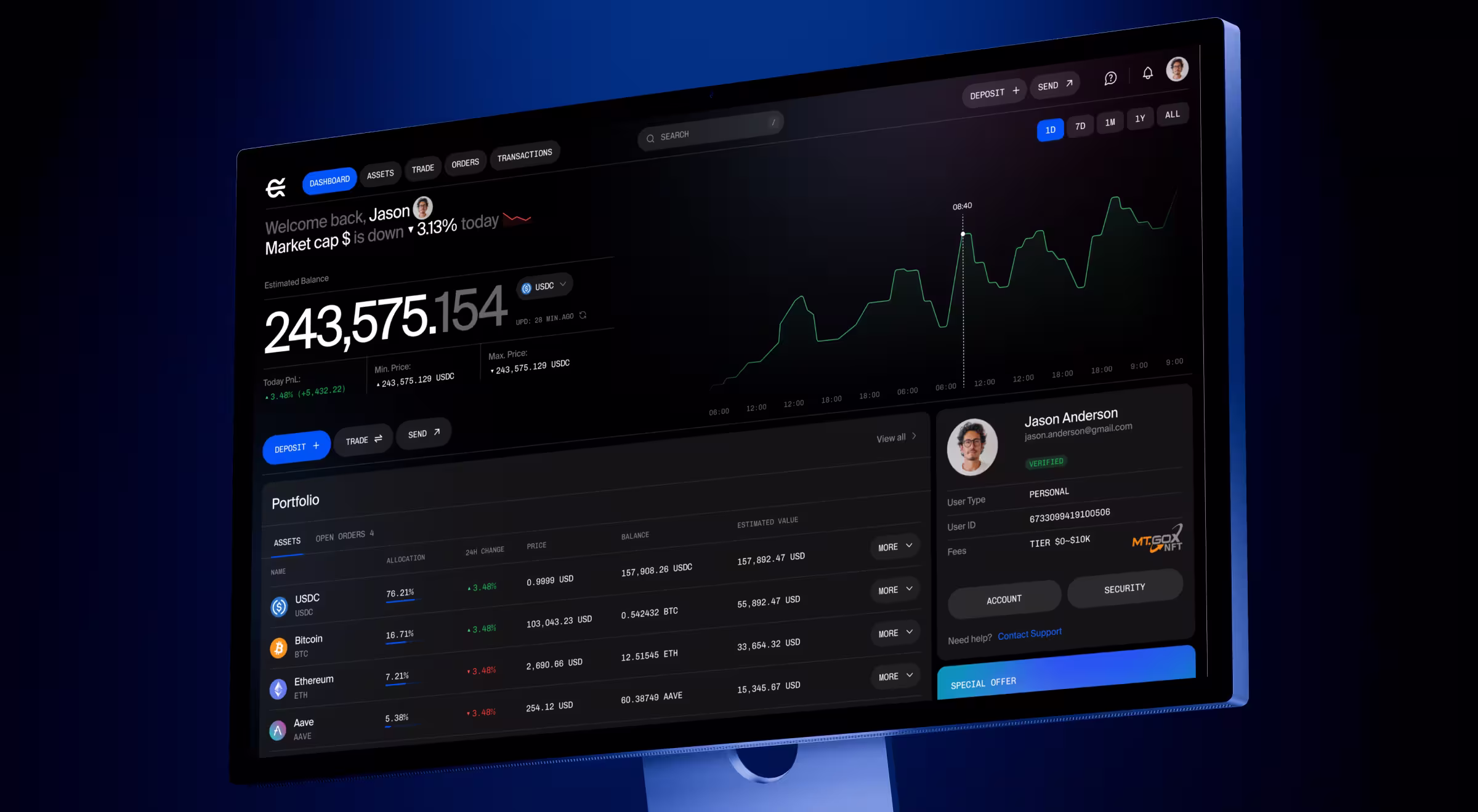 Dark-mode fintech dashboard displaying portfolio performance, cryptocurrency holdings, account information, and real-time market trends, designed for investment tracking, asset management, and trading decisions.
