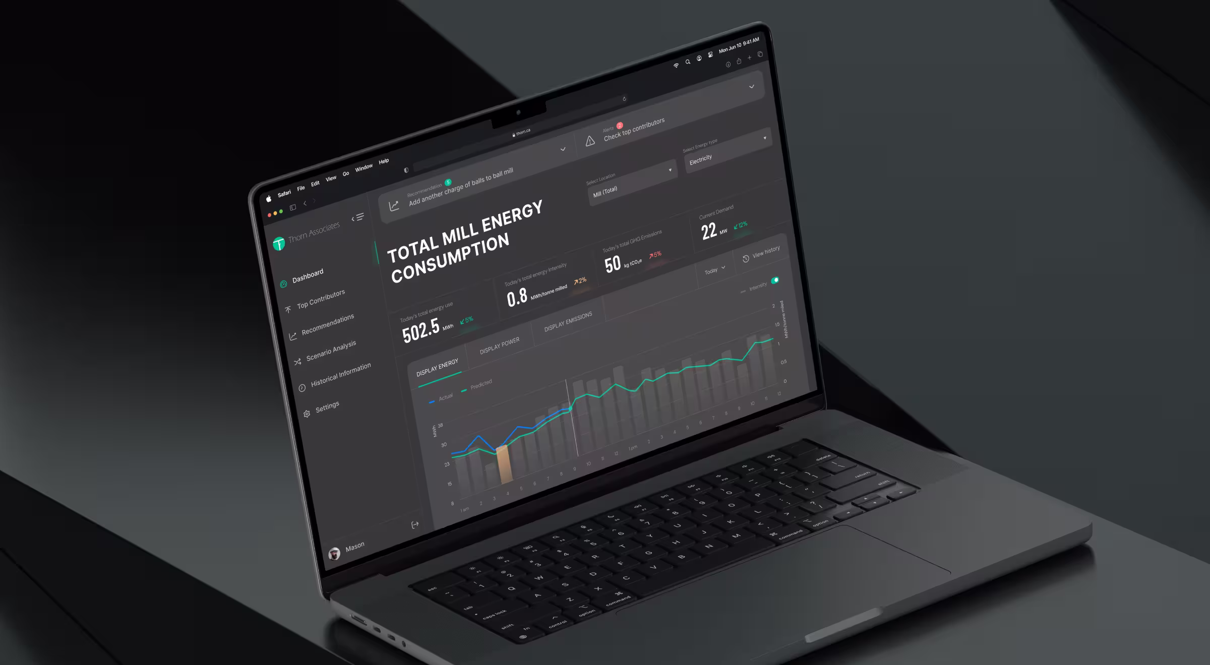 Dark-themed industrial energy management dashboard displayed on a laptop, showing real-time mill energy consumption, emissions tracking, electricity demand, operational recommendations, and performance analytics.