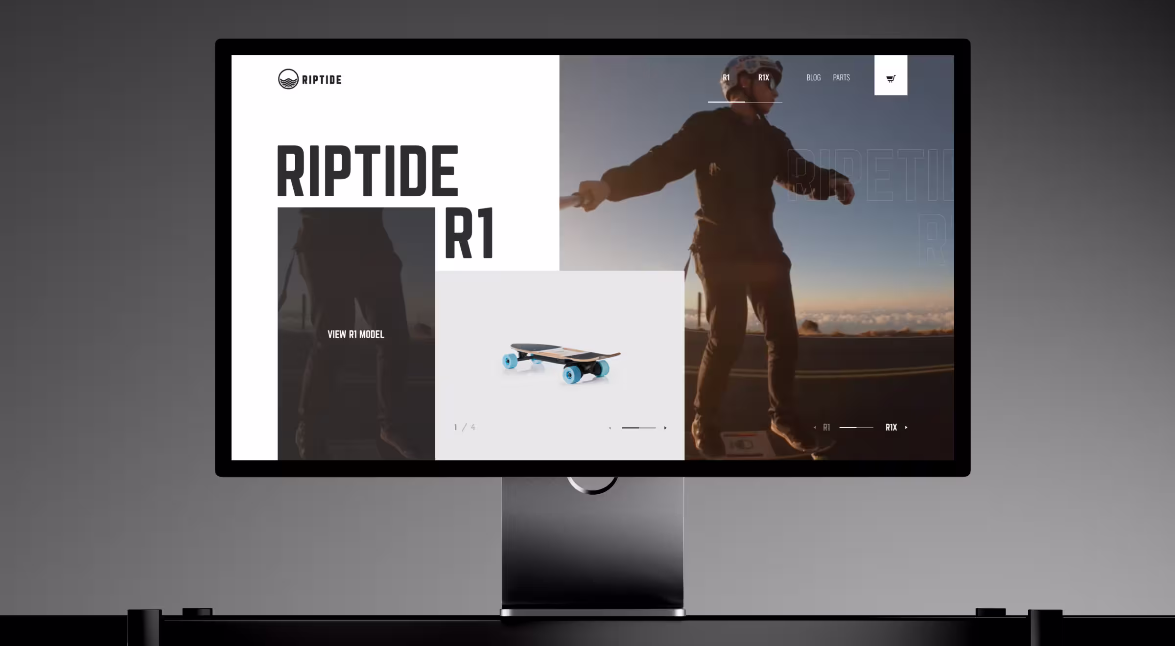Premium electric skateboard e-commerce website featuring immersive product storytelling, large-format lifestyle imagery, product showcases, and conversion-focused navigation.