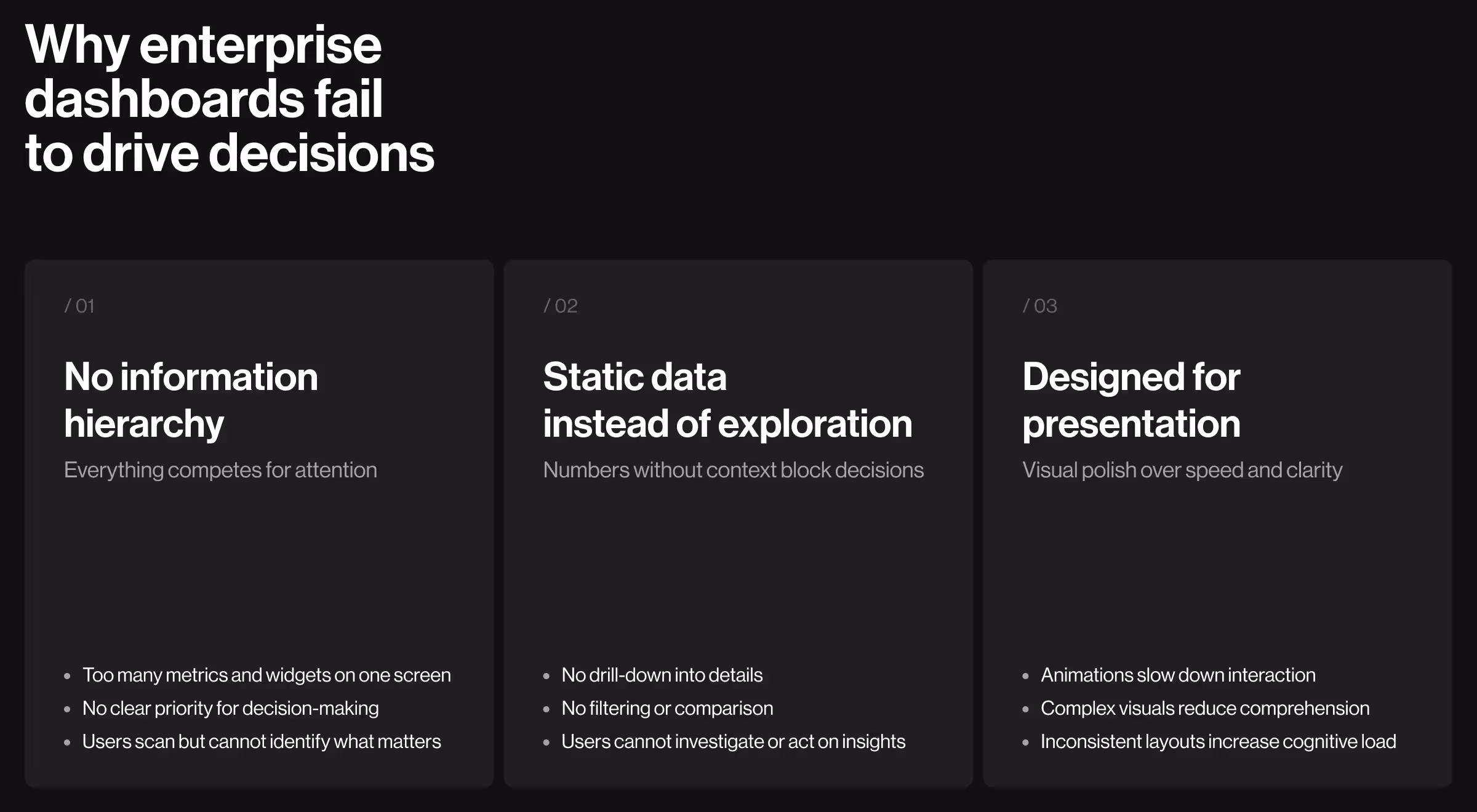 Dark-themed infographic explaining common enterprise dashboard failures, including poor information hierarchy, static reporting that limits exploration, and presentation-focused design that reduces usability and decision-making effectiveness.