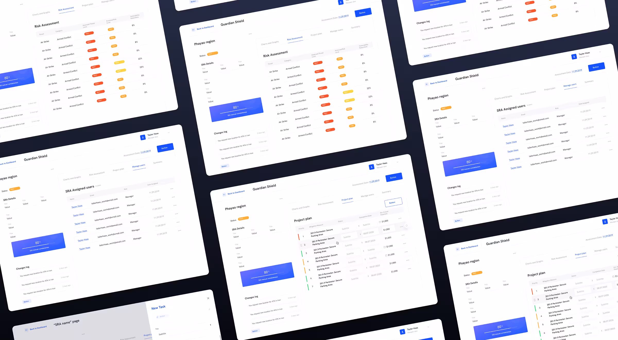 Collection of enterprise security management interface screens displayed in a modular grid layout, showcasing risk assessments, project planning, compliance tracking, user management, and operational workflows within a unified dashboard system.
