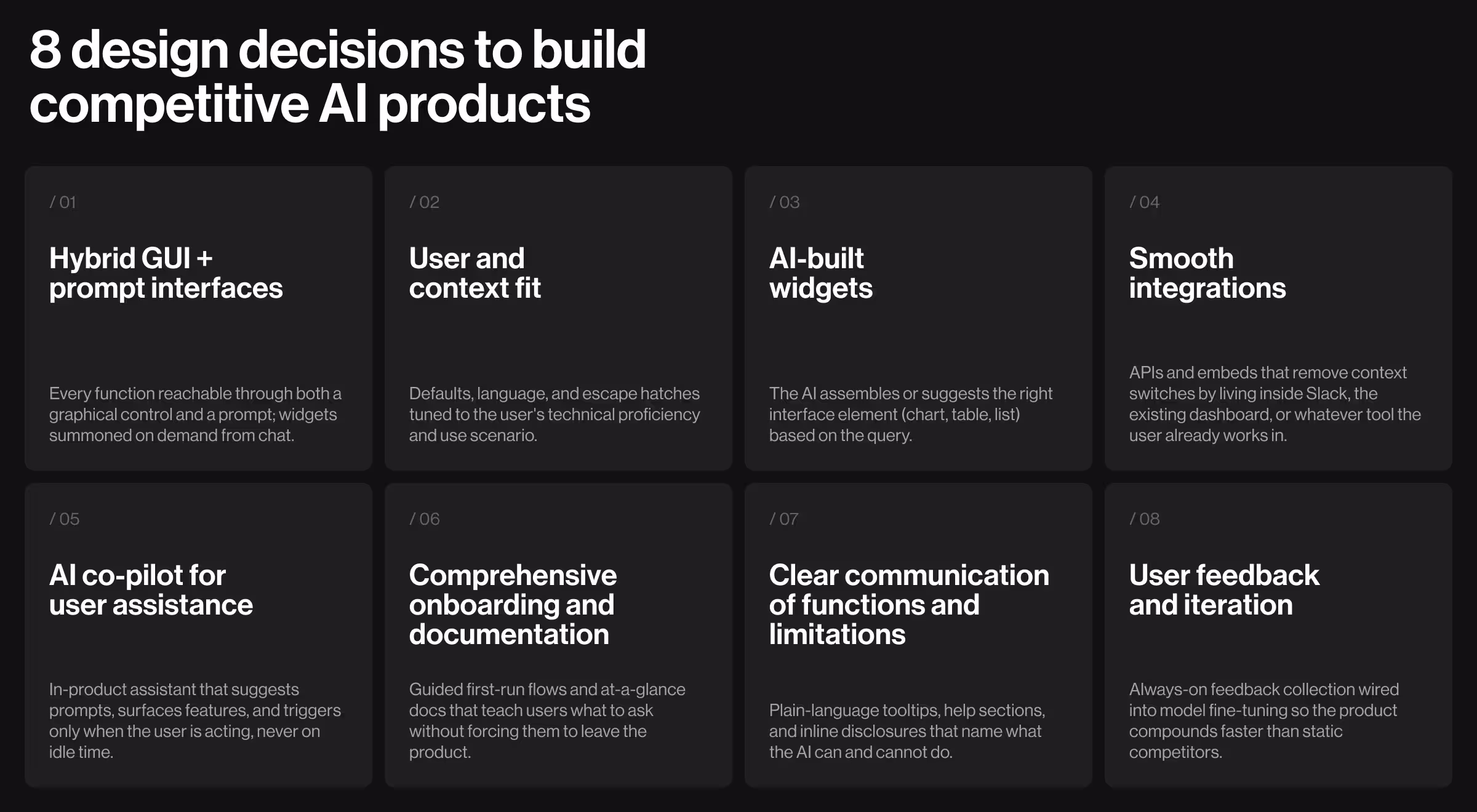 Grid outlining eight UX design principles for building competitive AI products, including hybrid interfaces, contextual experiences, AI-generated widgets, seamless integrations, user assistance, onboarding, transparency, and continuous feedback.