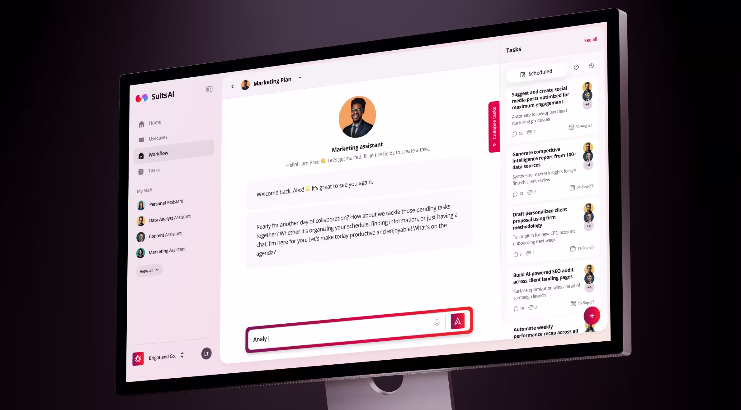 AI workflow platform featuring specialized assistants that help teams create marketing plans, manage tasks, and automate business operations through a conversational interface.