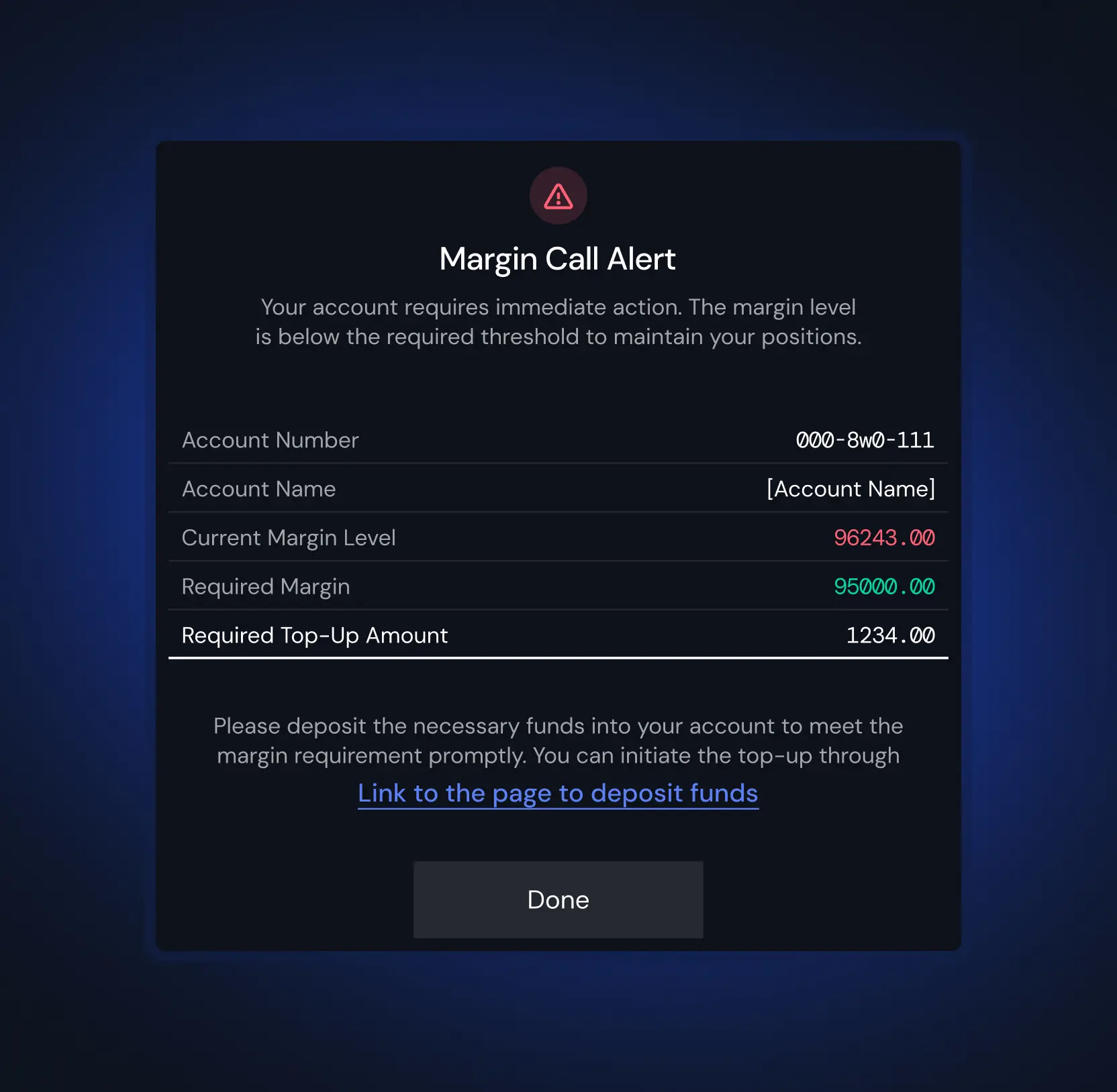 Margin call alert modal showing account balance, current margin, and required top-up amount