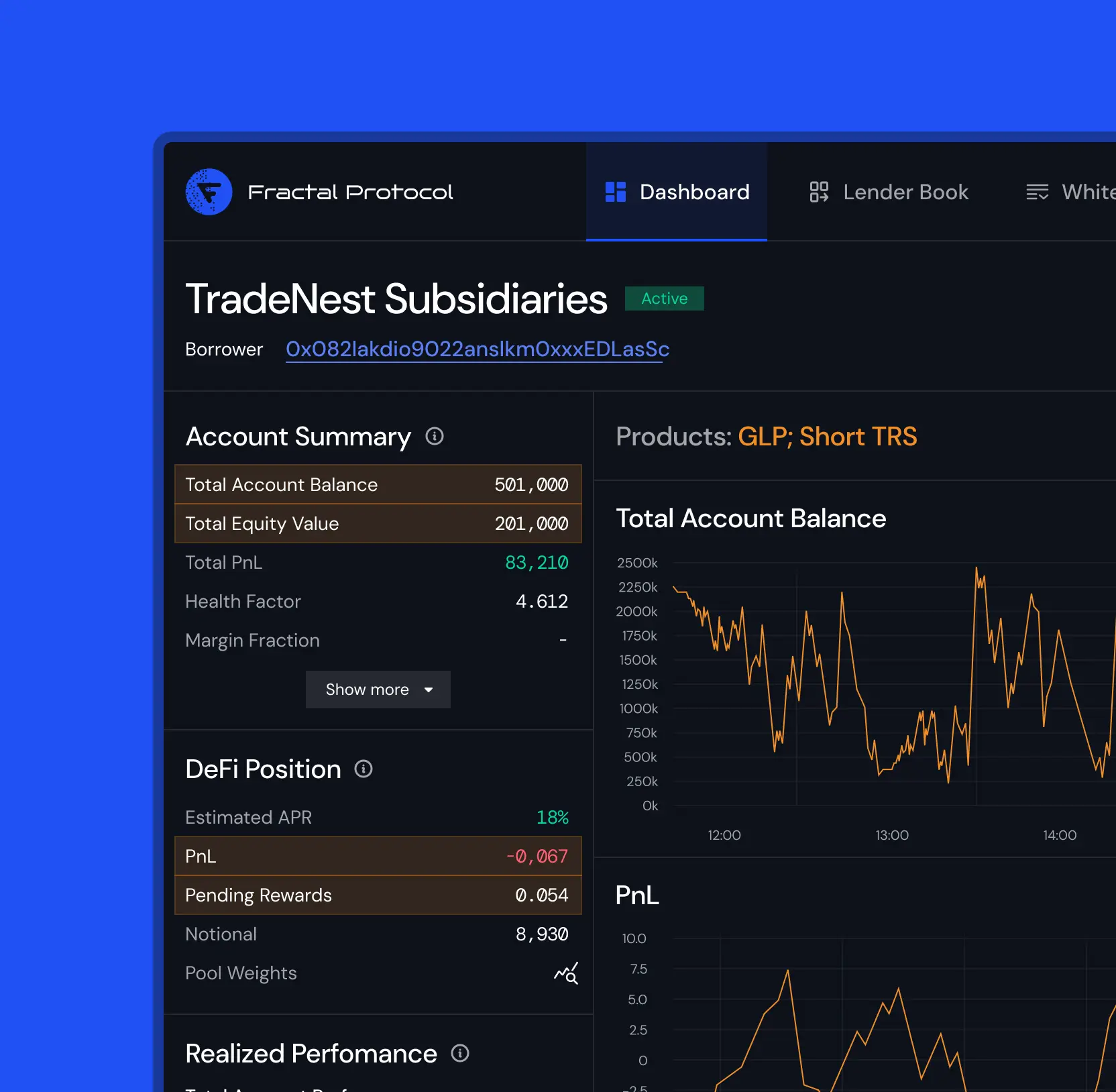 TradeNext subsidiaries view with account summary, DeFi position, and realized performance charts
