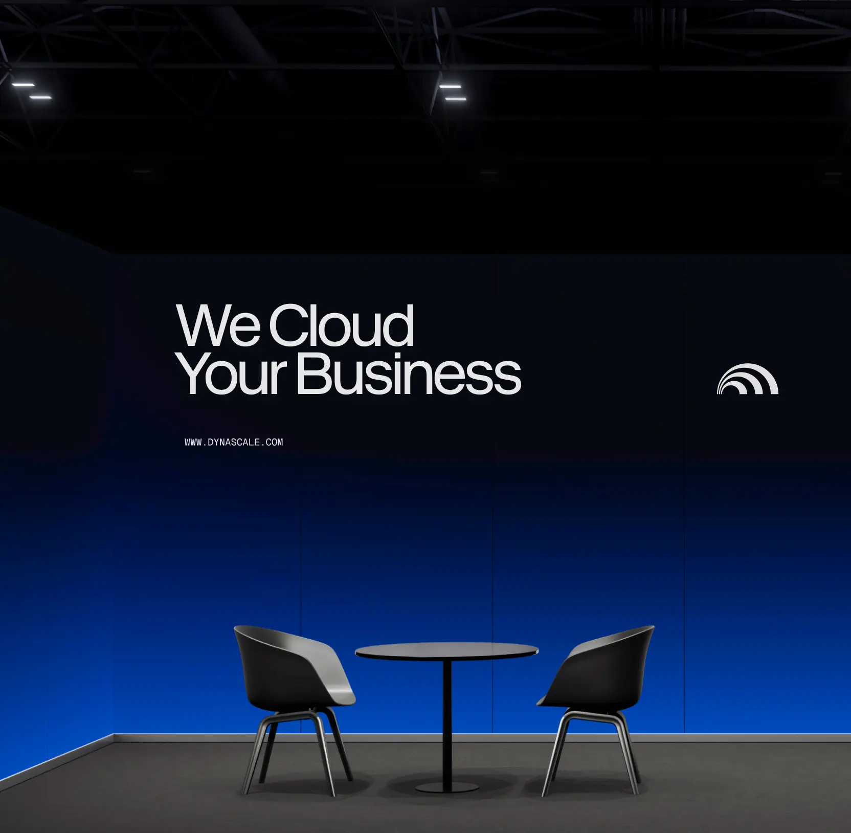 Dynascale trade show stand with the tagline "We Cloud Your Business" on a blue gradient wall
