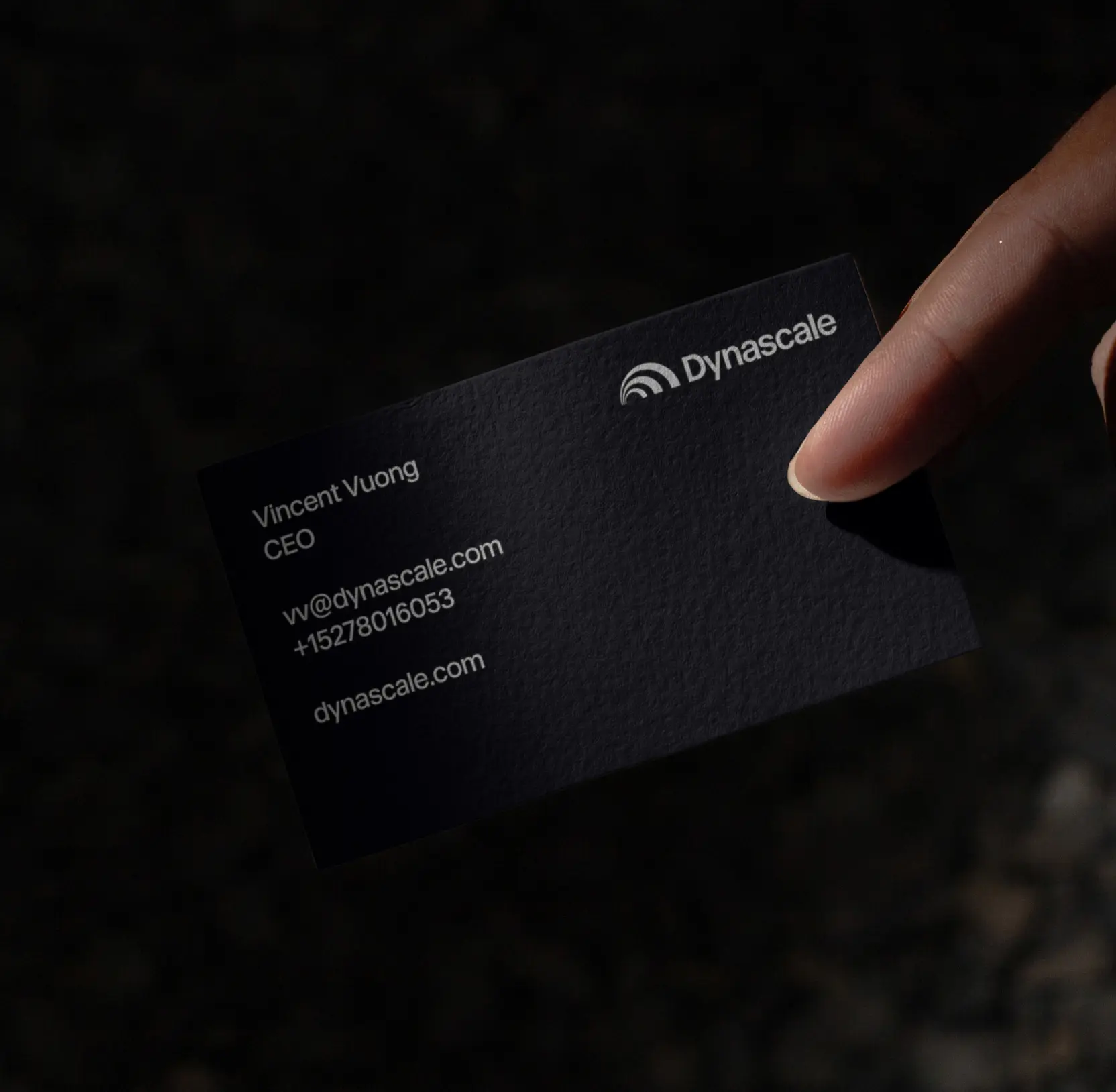 Hand holding a dark textured Dynascale business card with the logo and contact details
