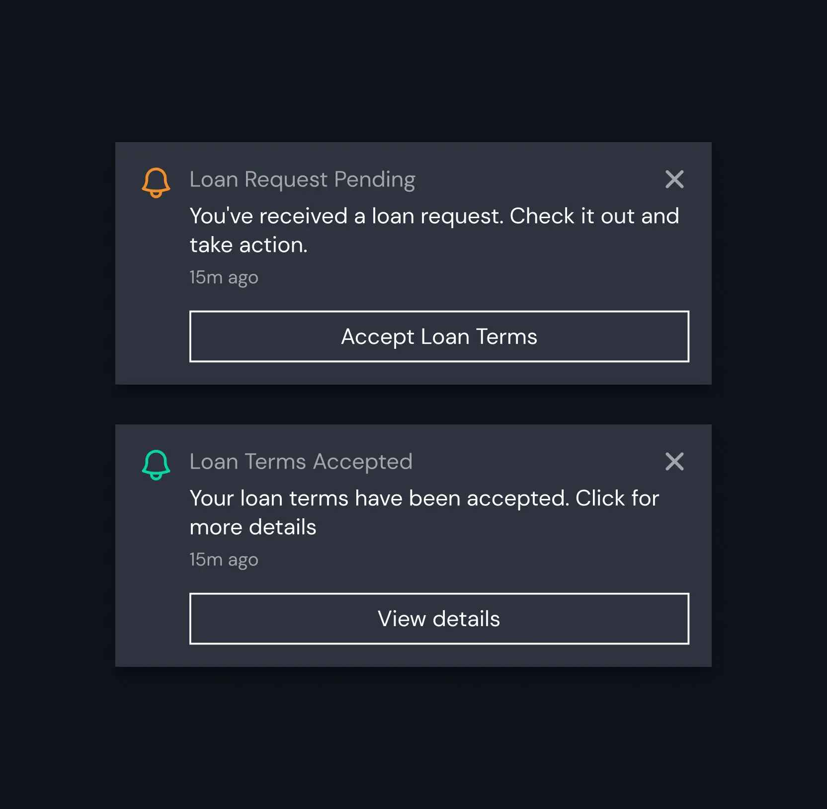 Two loan notifications: a pending request with an Accept Loan Terms button, and an acceptance confirmation