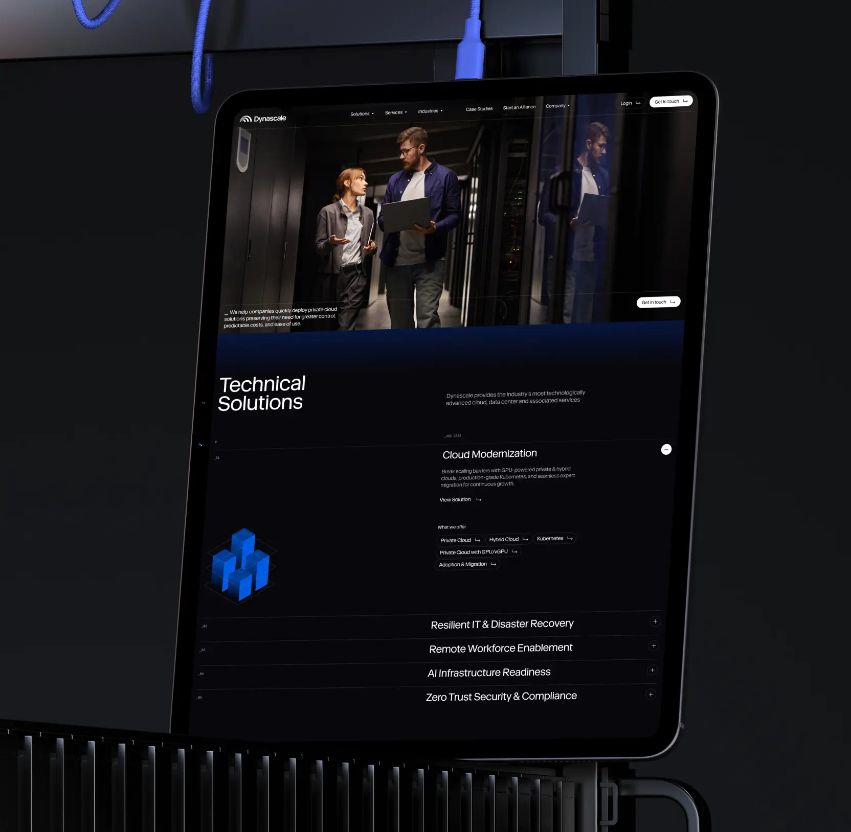 Dynascale Technical Solutions page on a tablet, with Cloud Modernization expanded in an accordion