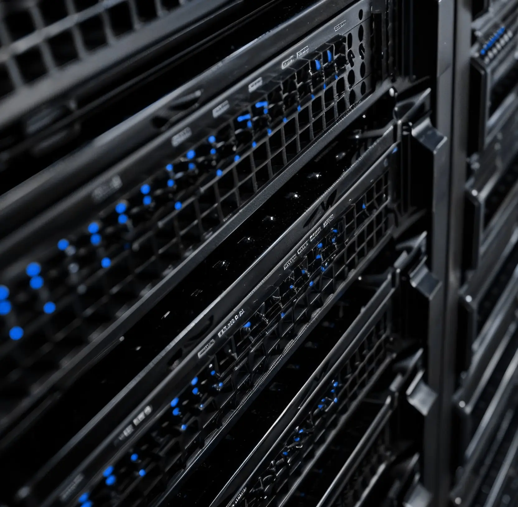 Close-up of stacked server units in a data center rack with blue indicator lights