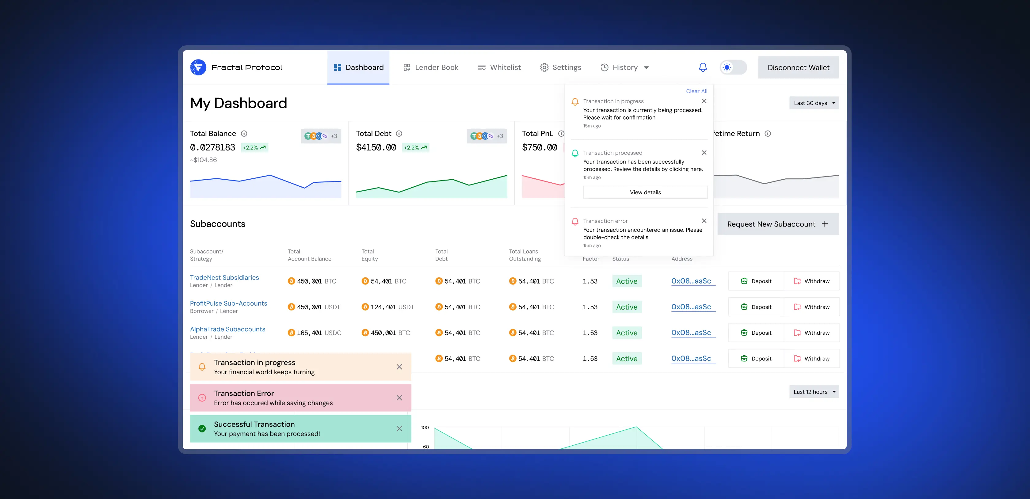 Lending platform dashboard with a data table and highlighted row, on a blue background