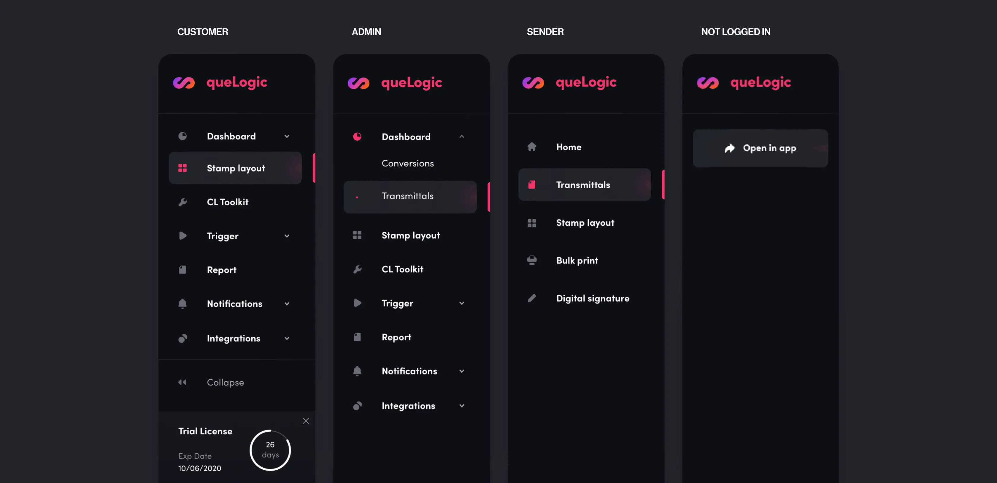Four sidebar navigation variants showing default, hover, active, and expanded menu states