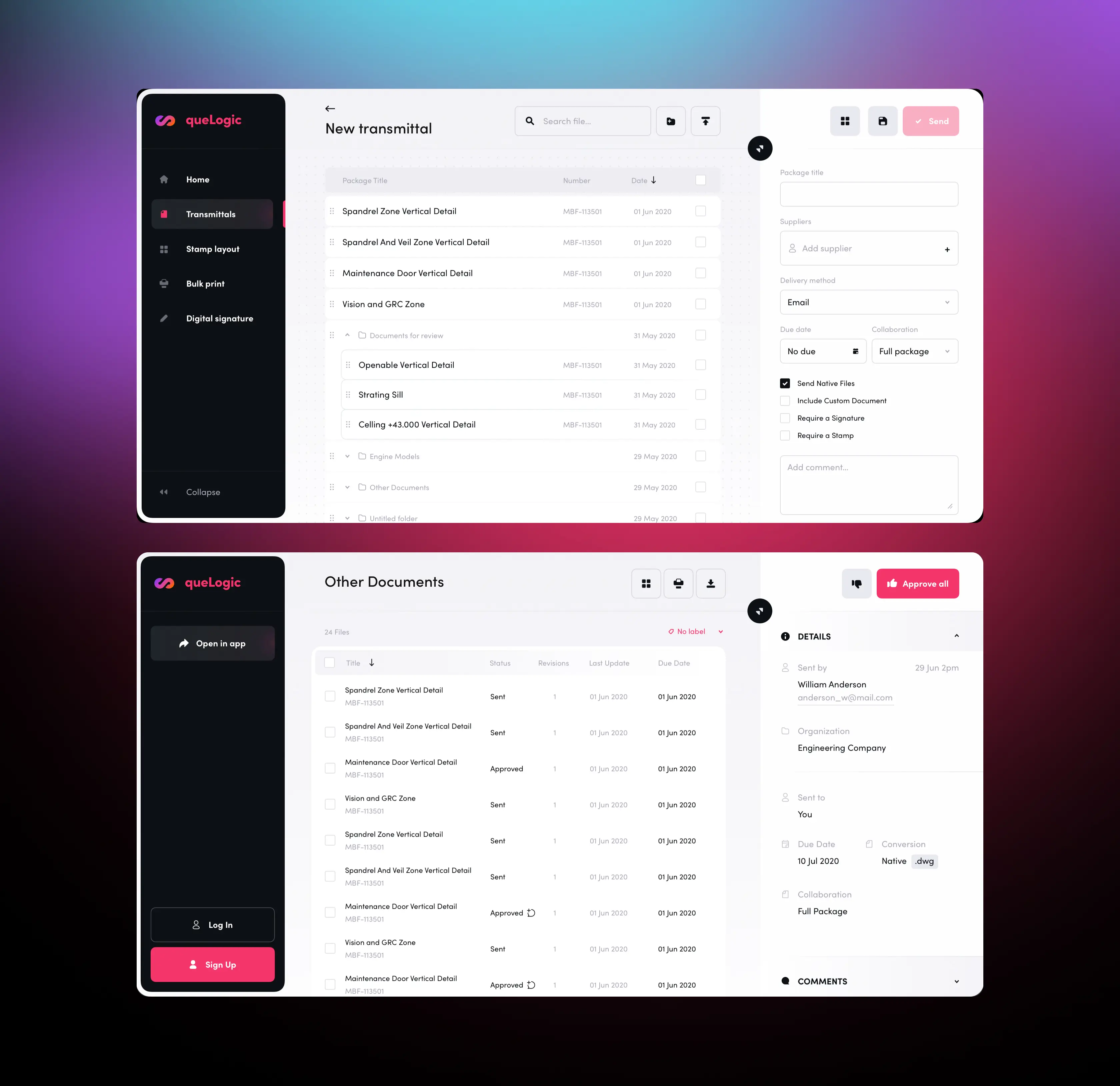 Two dark dashboard screens with data tables, filter panels, and a pink accent color