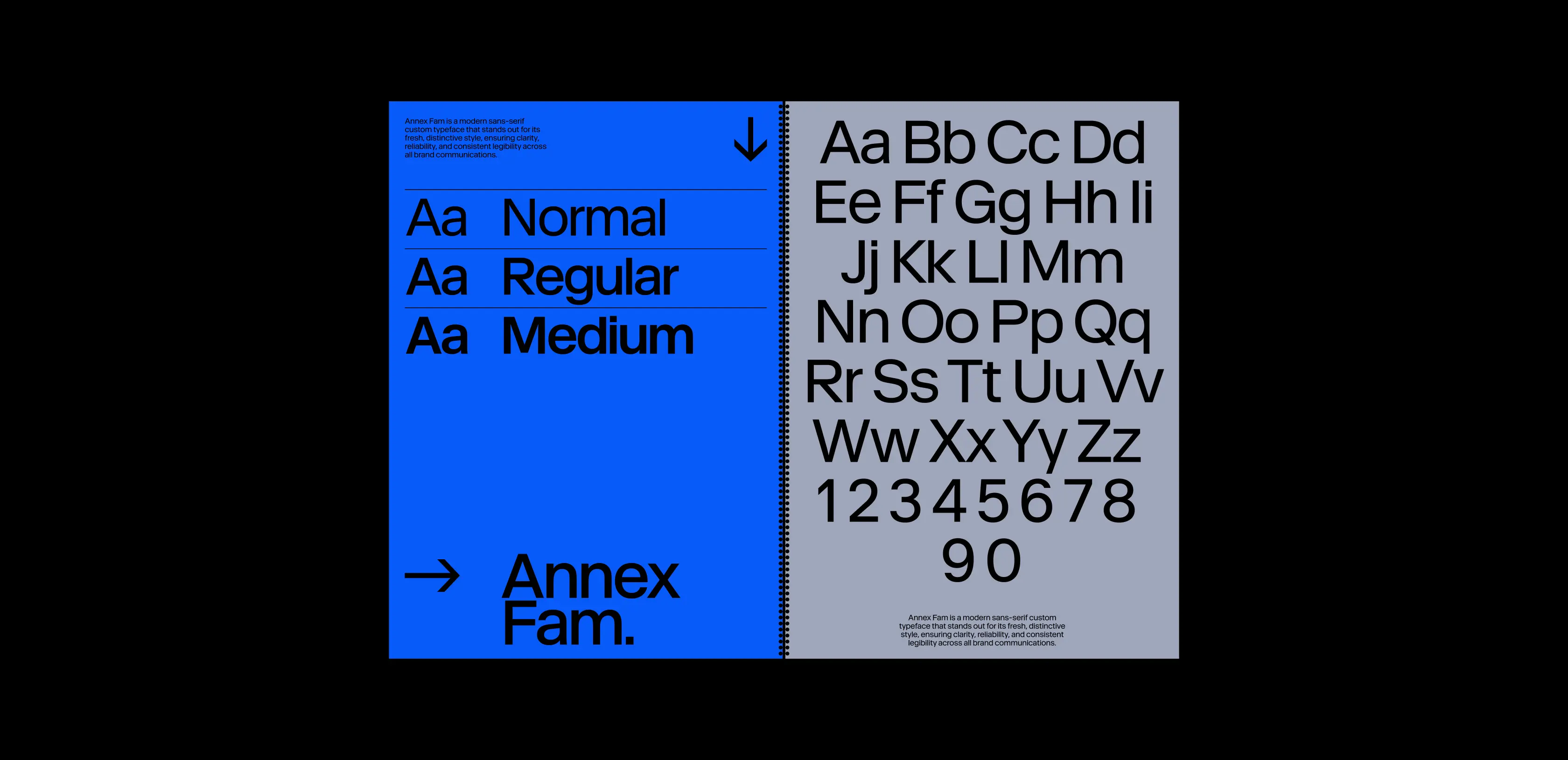 Type specimen for Annex Fam. showing Normal, Regular, and Medium weights with the full alphabet