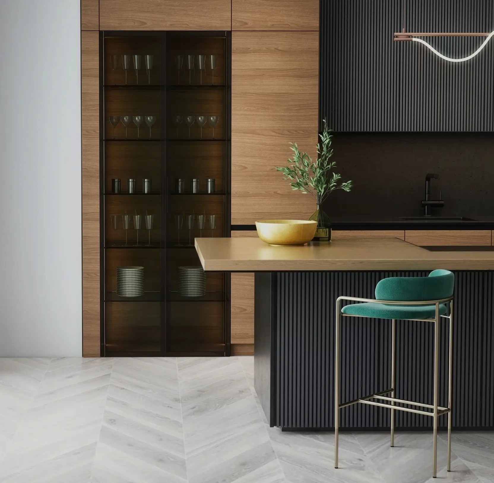 Modern kitchen with a wood island, teal bar stool, and glass-front cabinetry