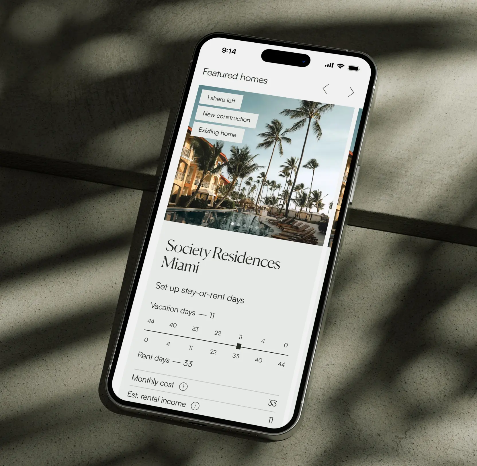 Cohome mobile screen for Society Residences Miami, with a booking form for stay dates