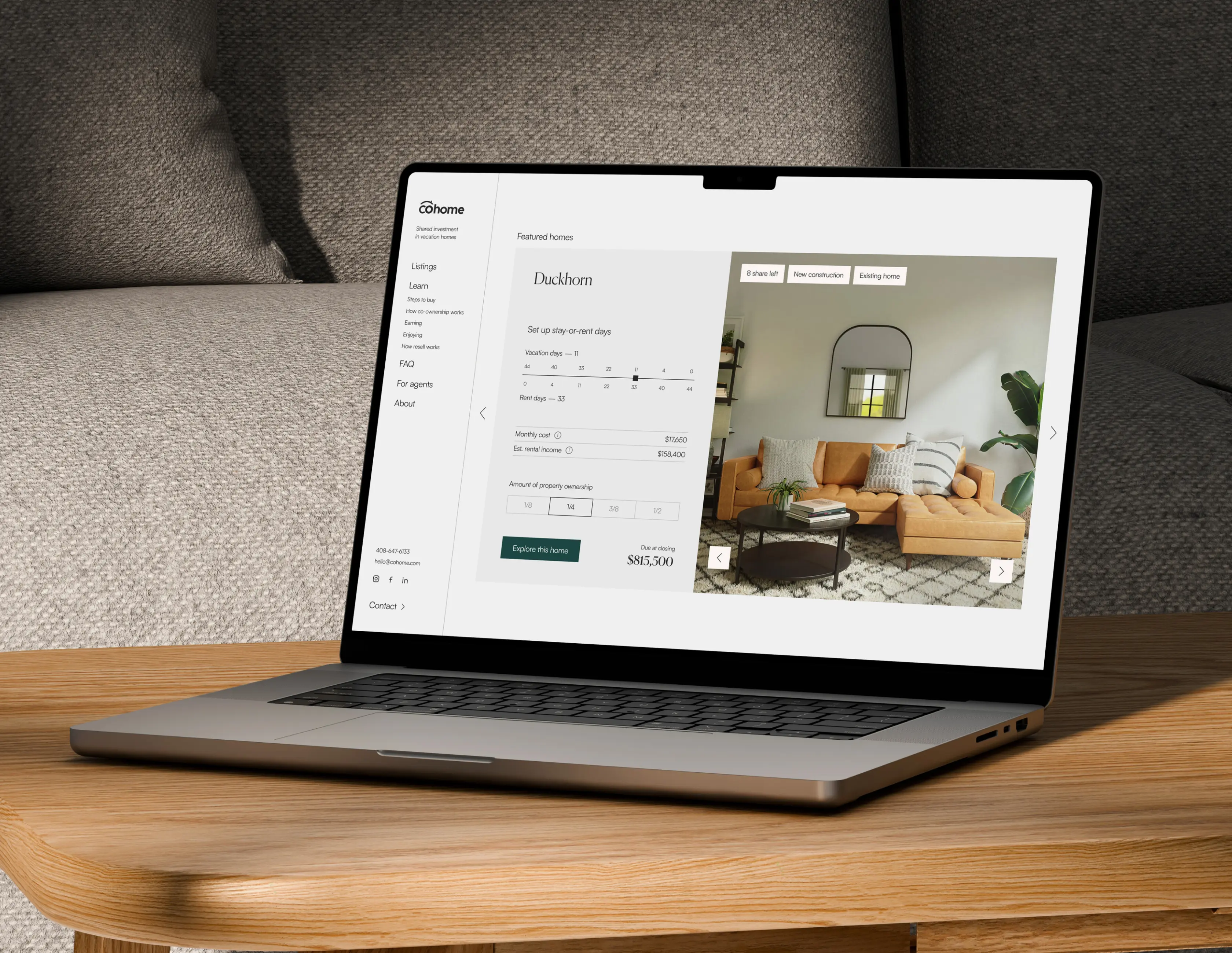 Cohome property page on a laptop, with a filter sidebar beside a room listing