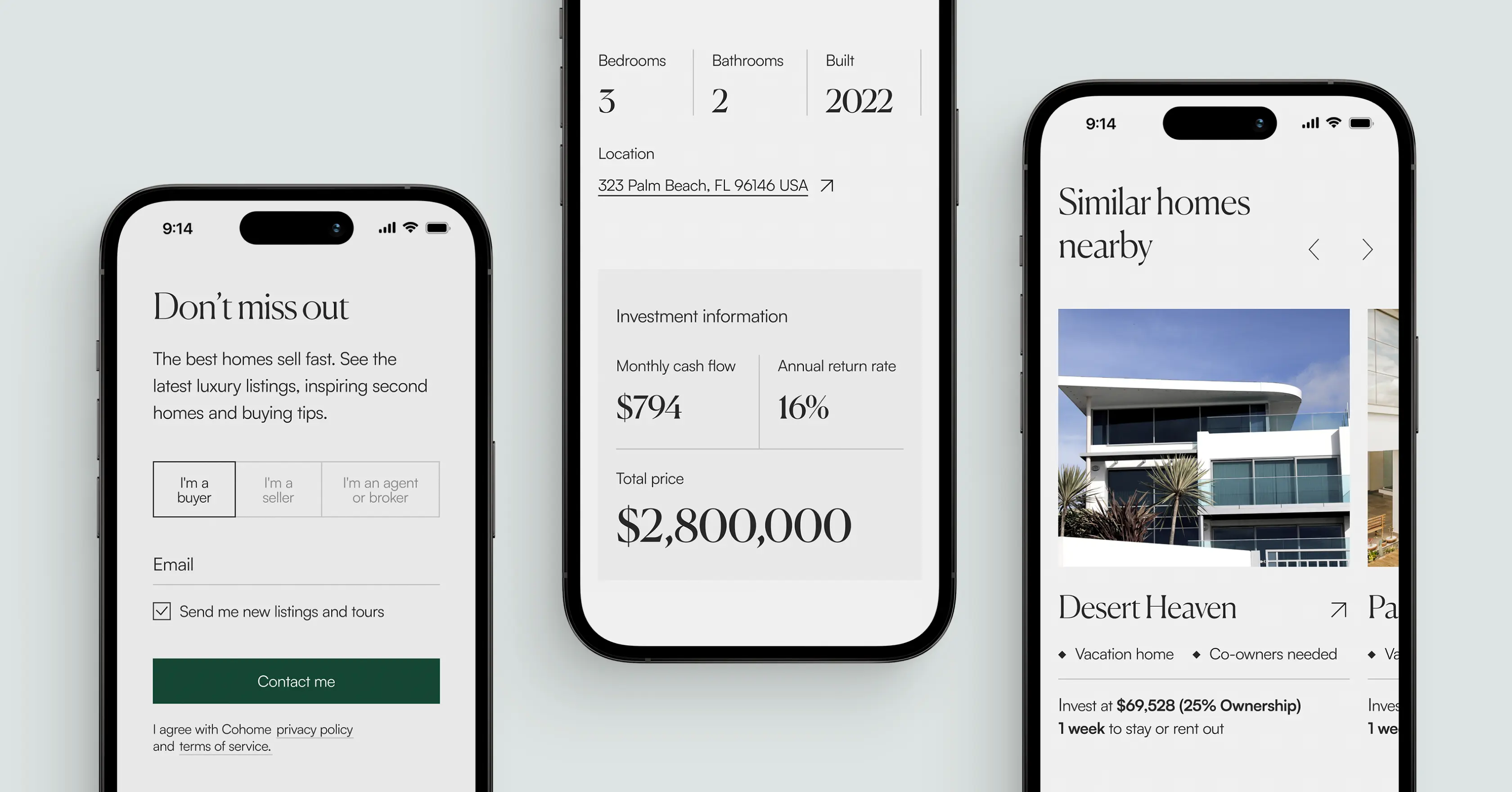 Three Cohome mobile screens: an offer form, a $2,900,000 price breakdown, and similar homes