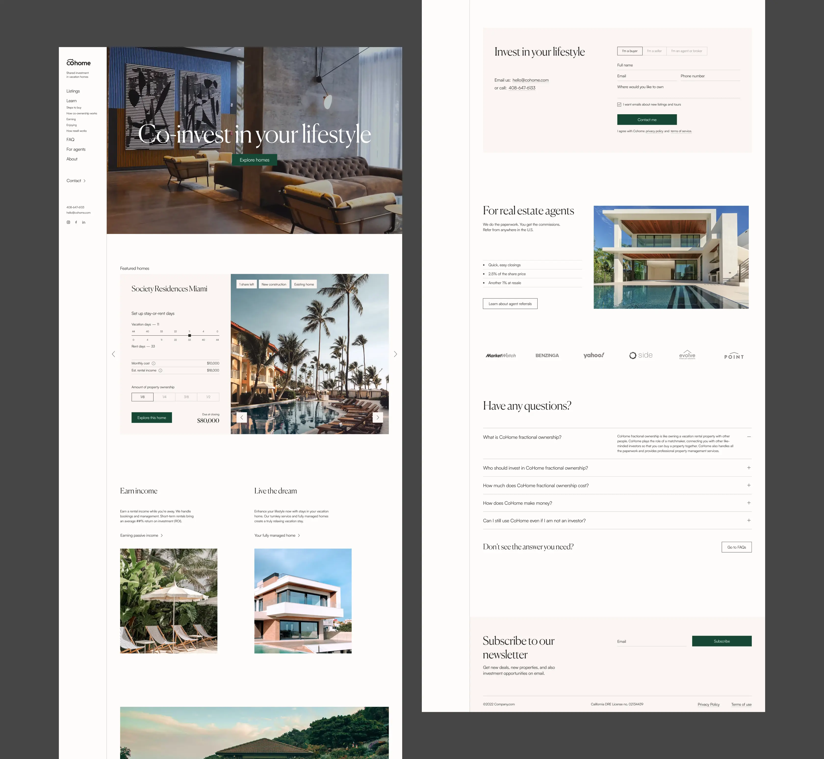 Two full-page Cohome layouts showing property listings, details, and supporting sections