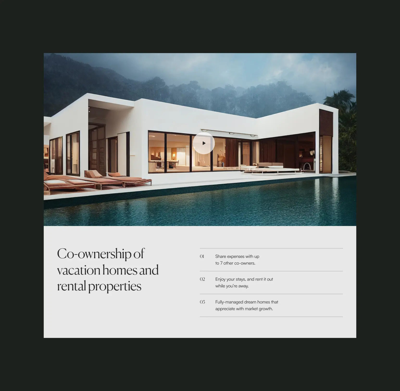 Cohome section on co-ownership of vacation homes and rental properties, over a villa and pool