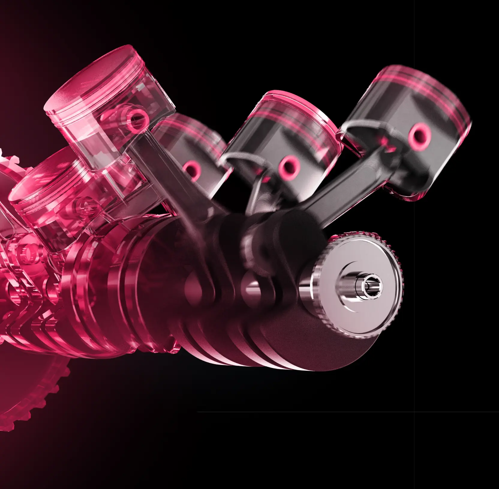 Pink 3D render of an engine assembly with cylinders and mechanical joints
