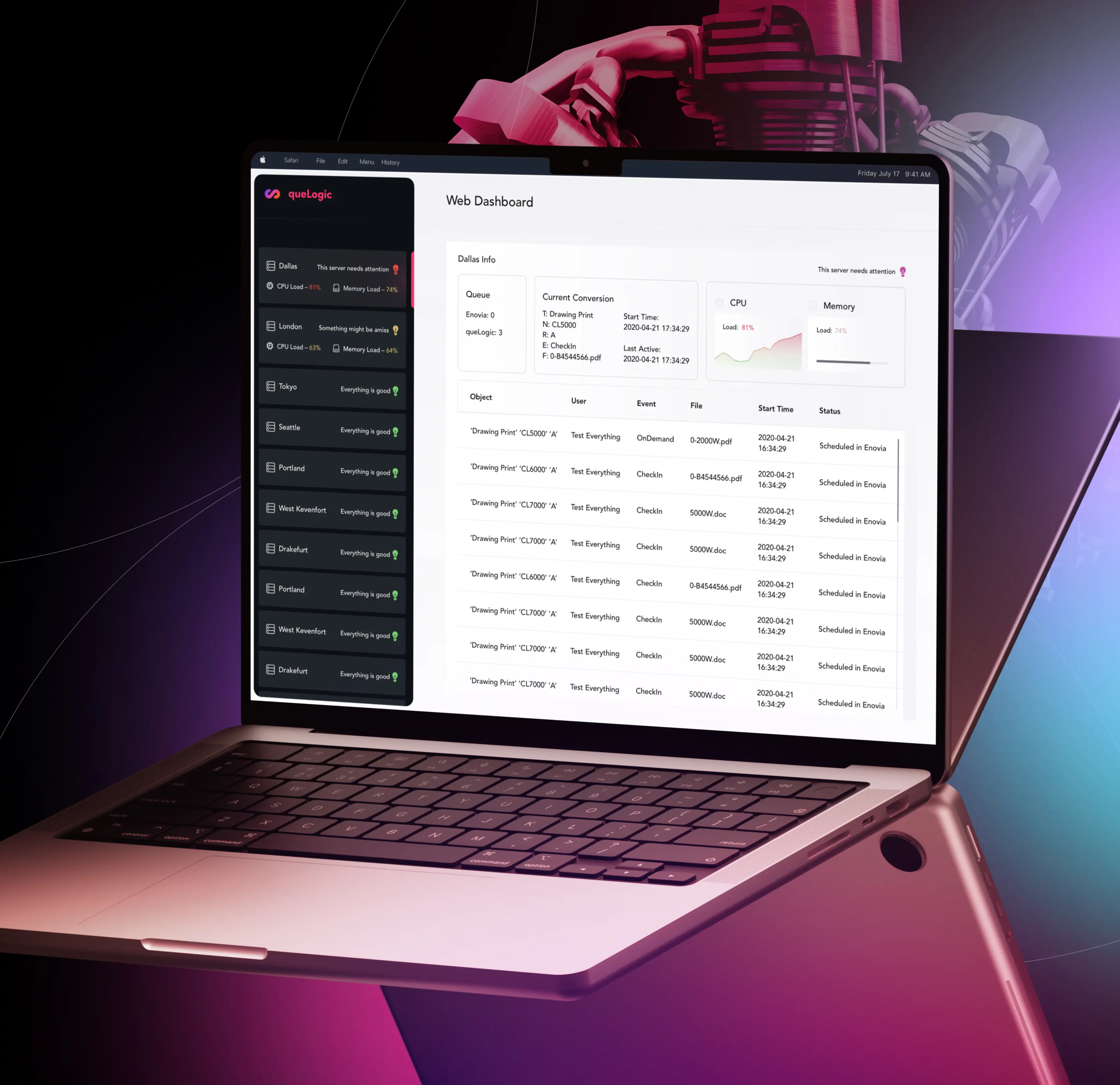 Dashboard with a data table open on a laptop, against a pink and purple gradient