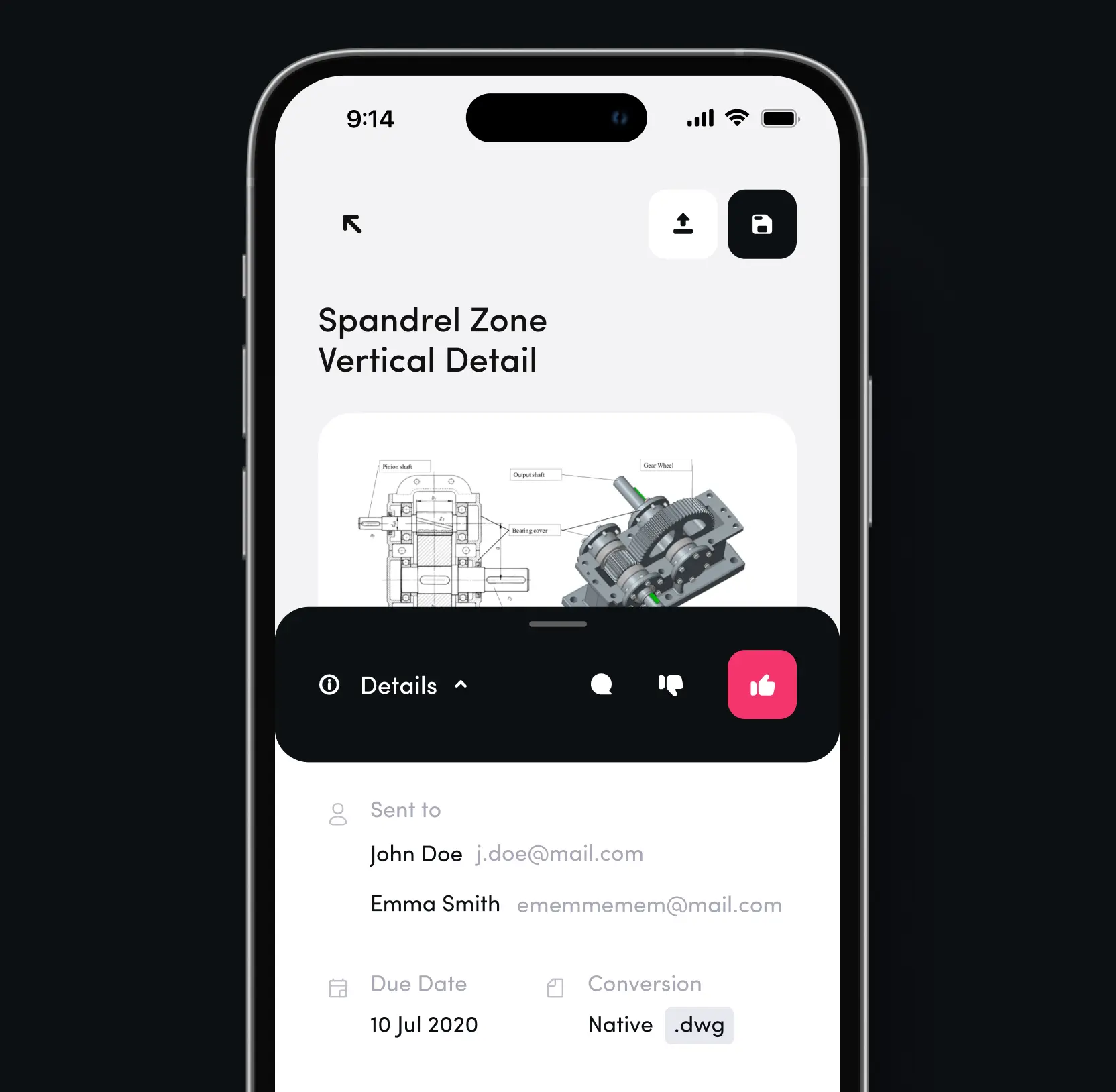 Mobile screen for a Spandrel Zone Vertical Detail, with a 3D preview and contact details