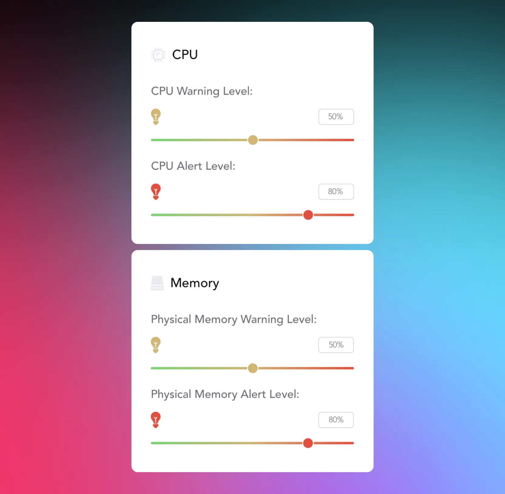 Settings cards with sliders for CPU and memory warning and alert levels