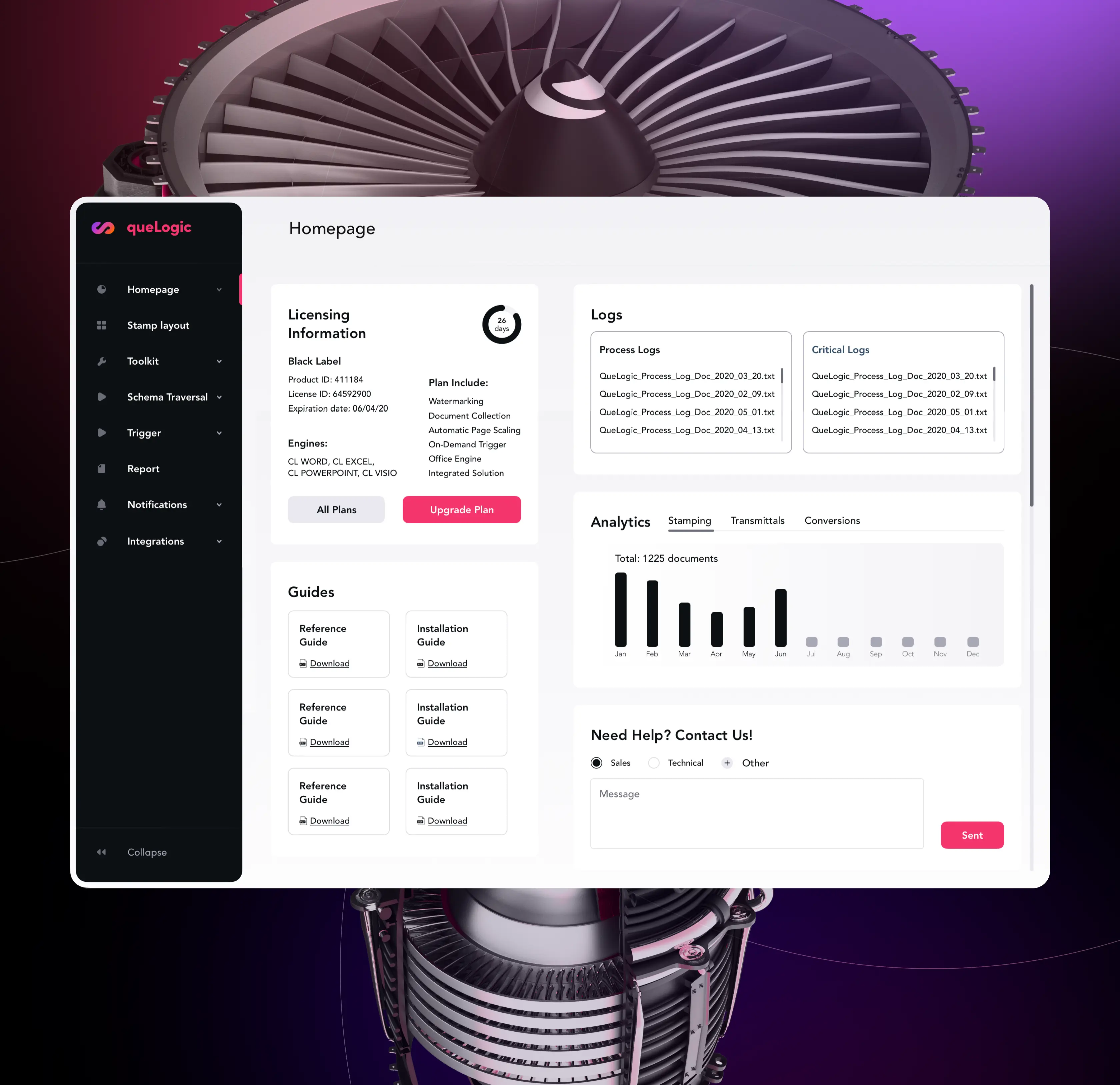 Platform homepage with a bar chart and detail panels, layered over a metallic turbine render
