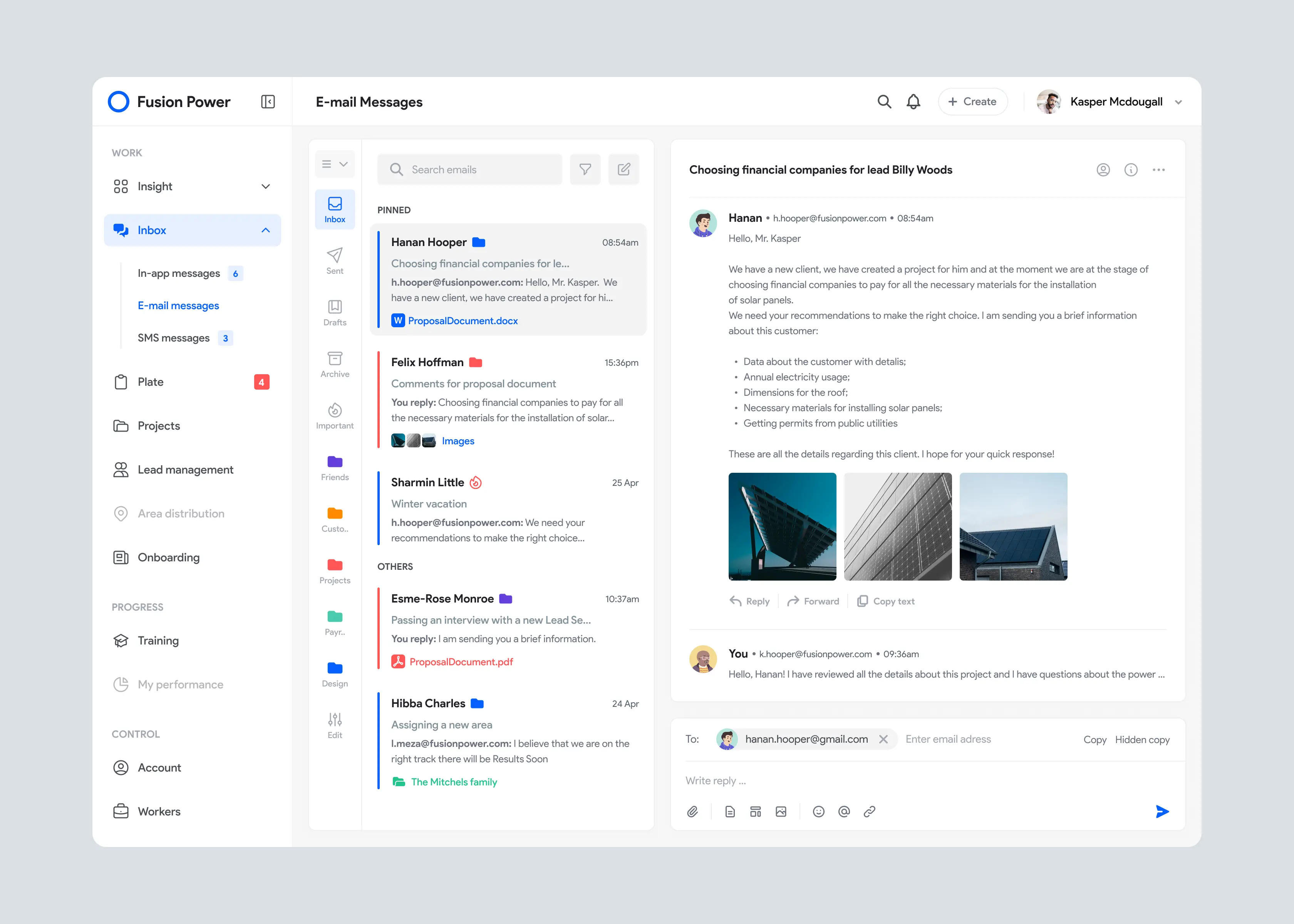 Fusion Power email view with a sidebar, message list, and an opened thread with attachments