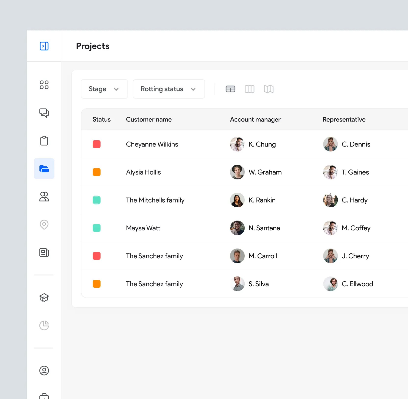 Projects list with status labels, client names, and assigned team member avatars per row