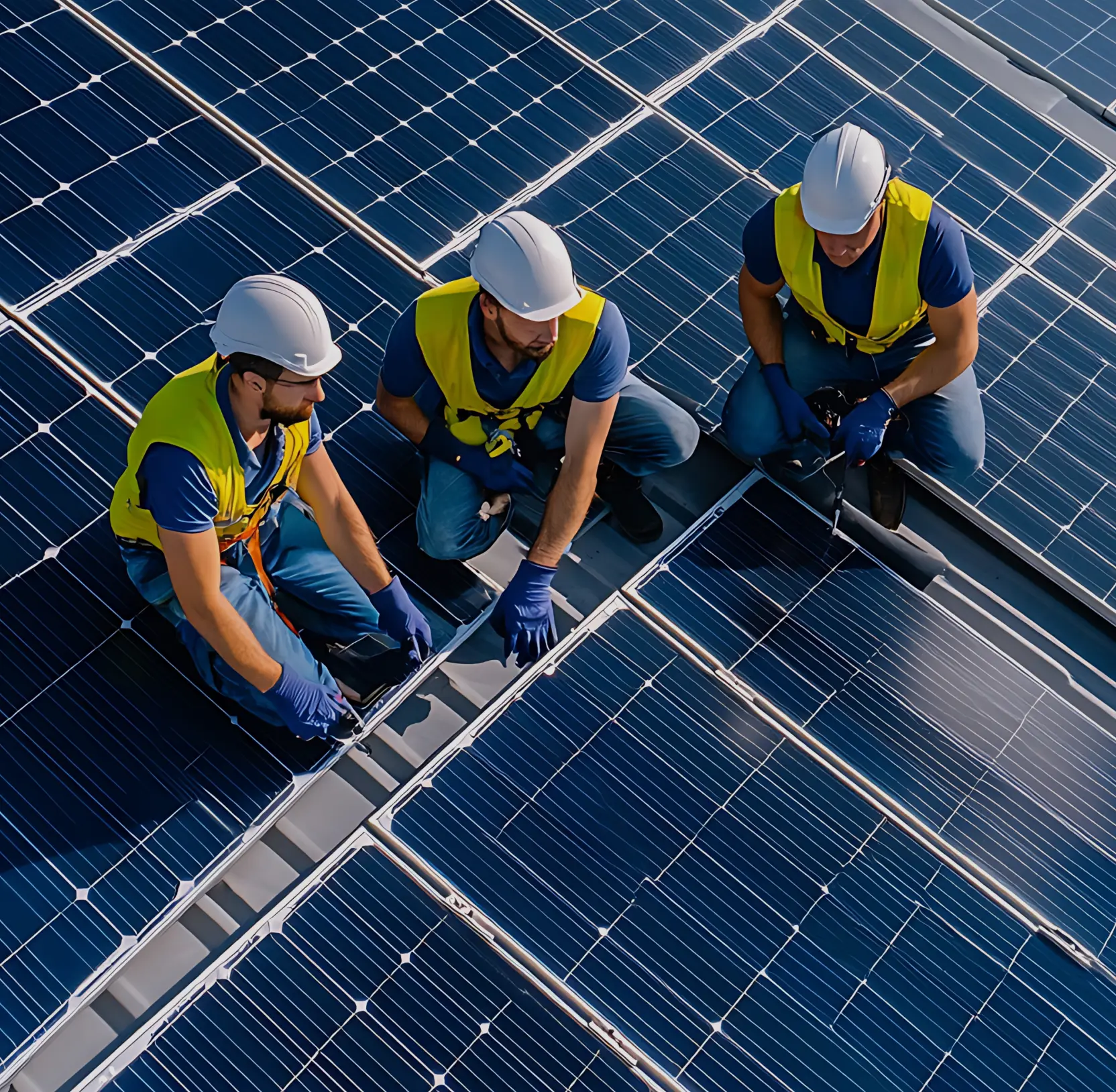 Two workers in hard hats and hi-vis vests crouching on a solar panel array, seen from above
