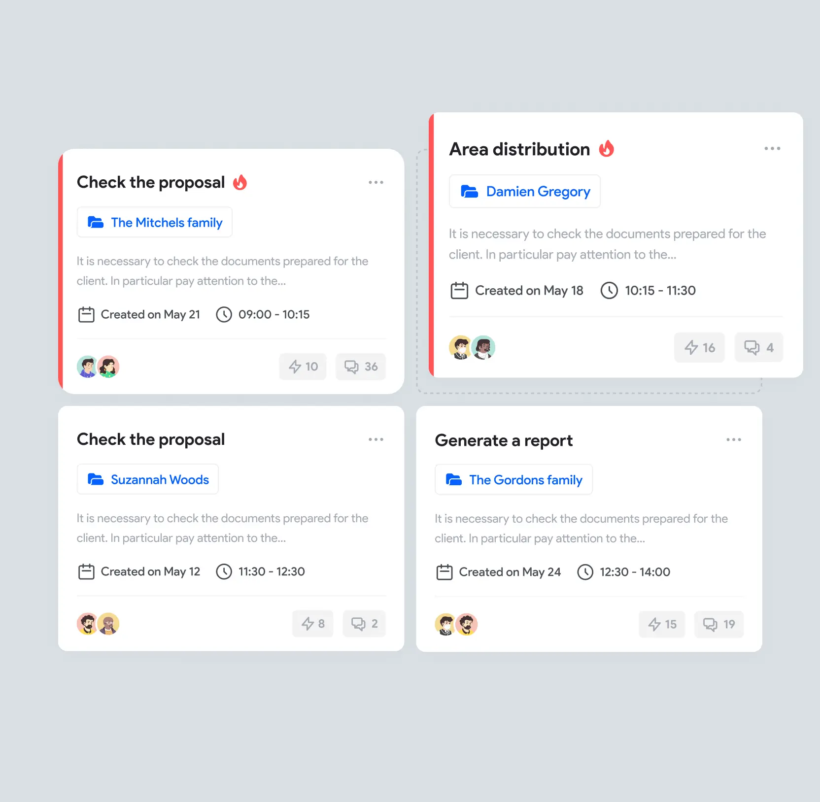 Four task cards with assignees, due dates, and status labels, two flagged in red
