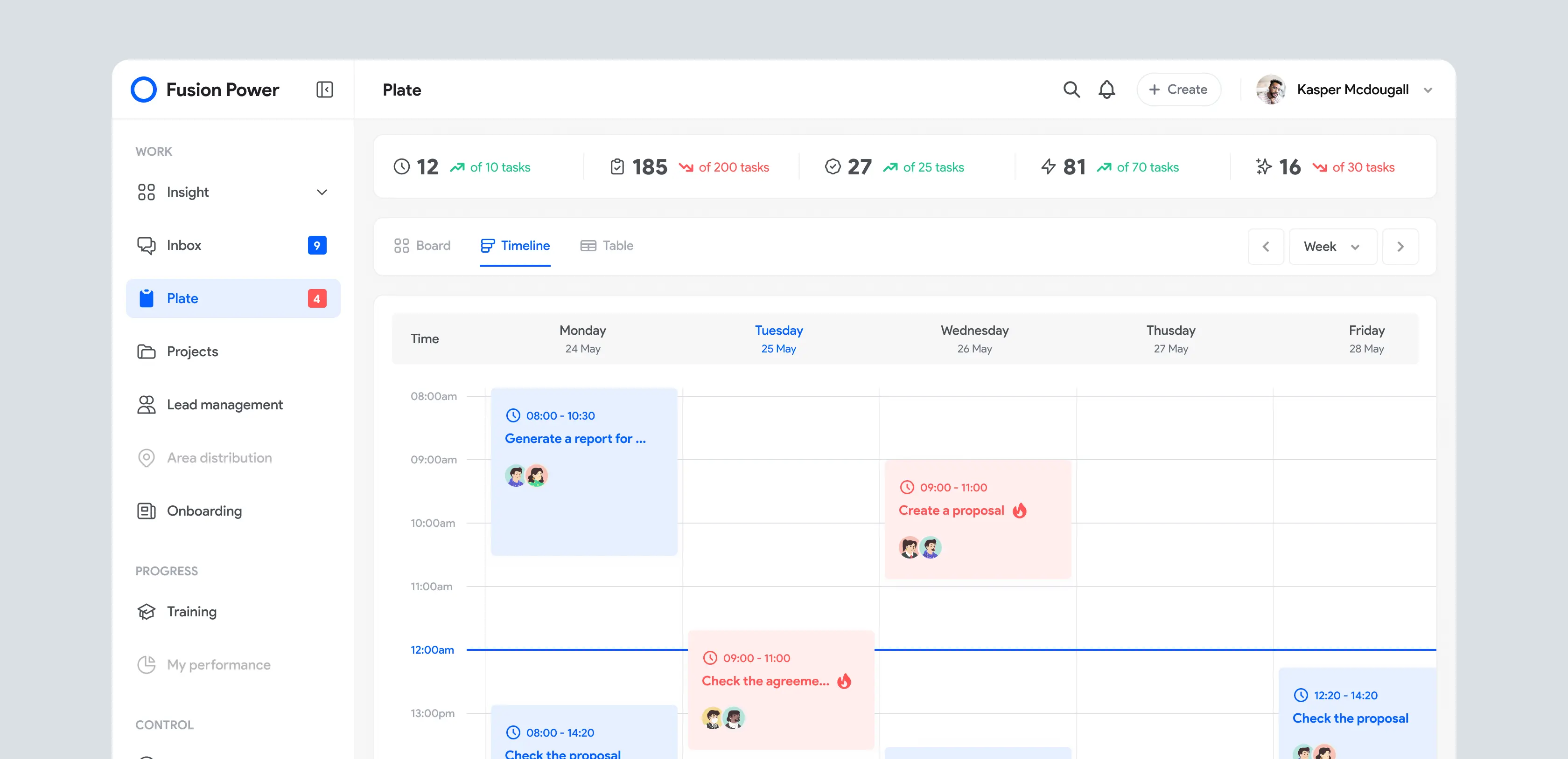 Project timeline with colored task blocks laid across a calendar grid and a sidebar