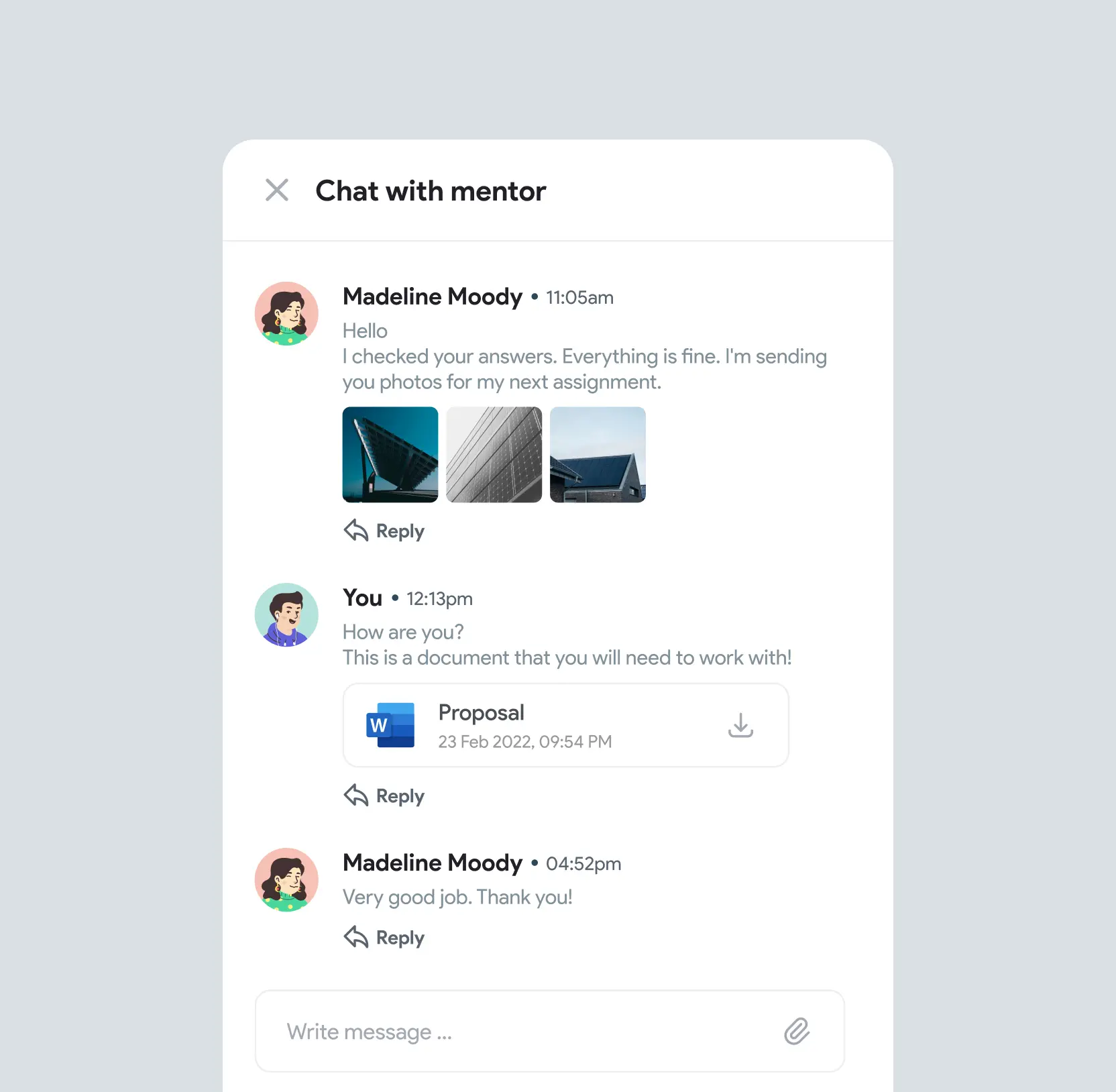 Chat with mentor panel showing a message thread with attachments and a reply field