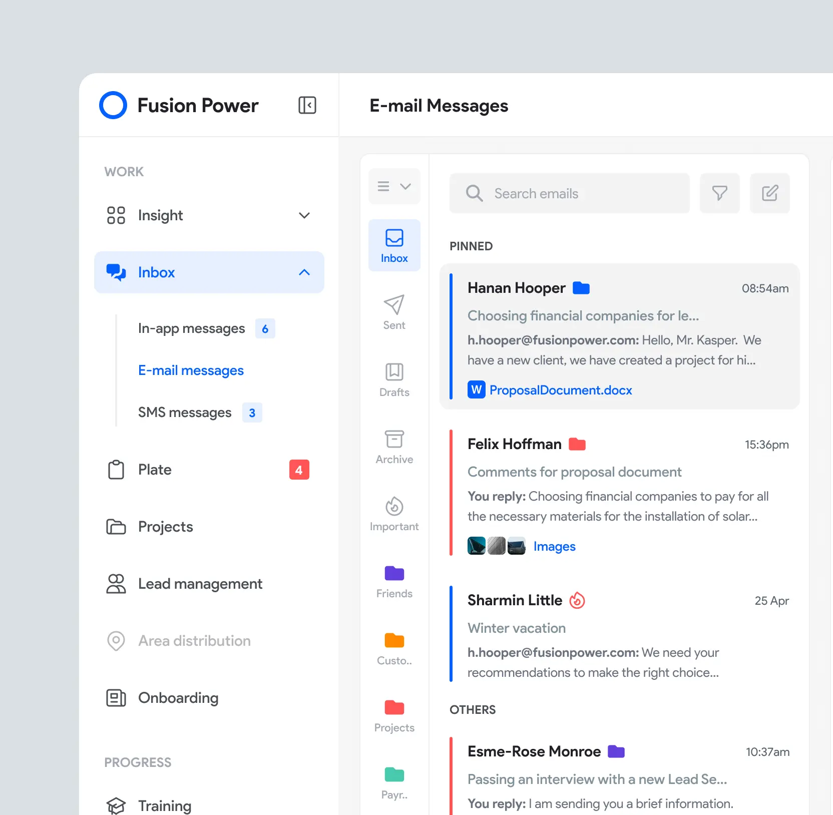 Fusion Power platform showing an email messages inbox with a sidebar and a message list
