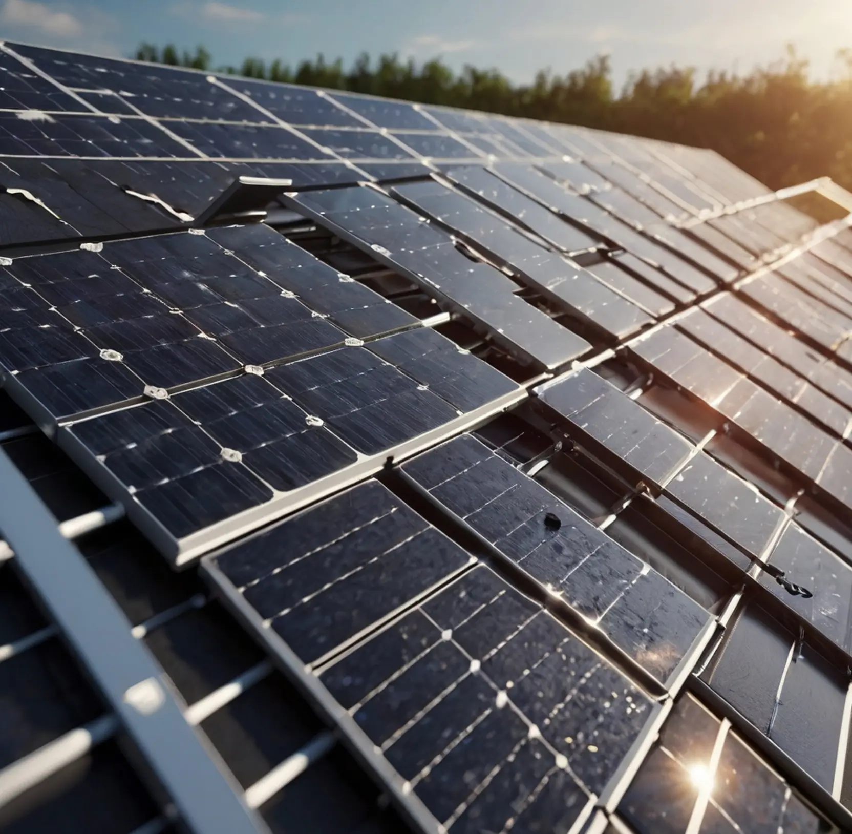 Rows of solar panels catching sunlight at a close angle
