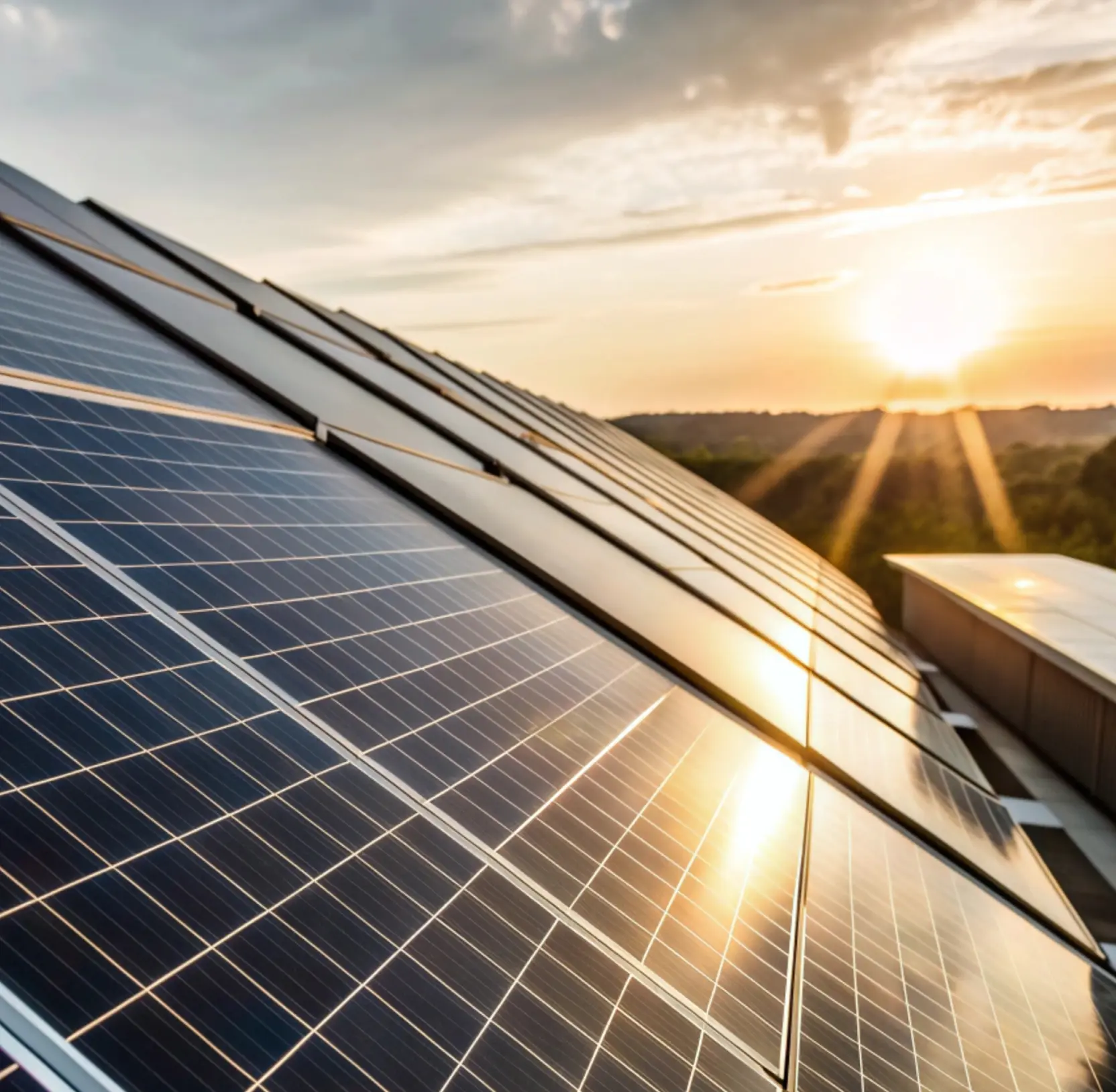 Solar panel array with the sun setting behind it