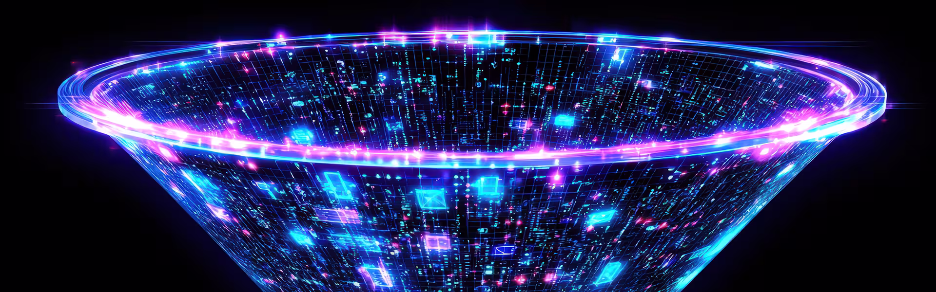 Abstract digital funnel visualized with glowing neon data streams, geometric interface elements, and interconnected information flowing through a futuristic filtering system.