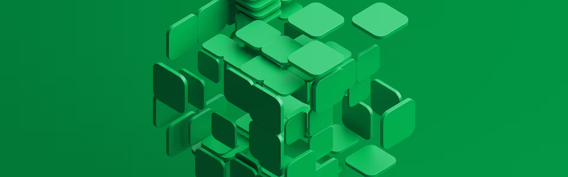 Abstract 3D green cube made of layered square tiles, symbolizing modular systems and structured growth