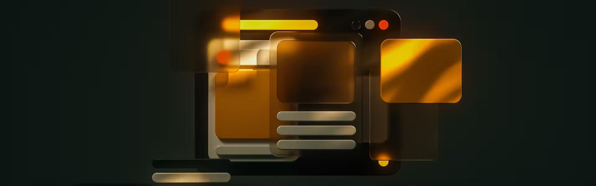 Abstract, layered UI composition with translucent rectangular panels and rounded elements glowing in warm amber and gold tones against a dark green background, suggesting modular interface components, depth, and motion in a modern digital system