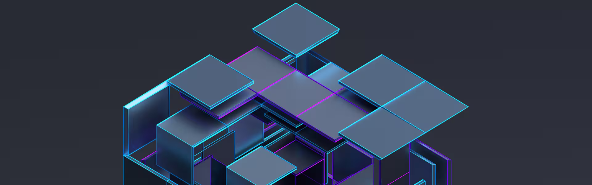 Abstract 3D illustration of interconnected geometric panels and modular blocks outlined with neon blue and purple lighting against a dark background.