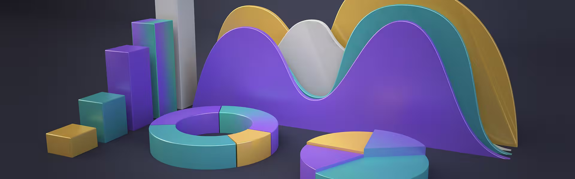 Abstract 3D data visualization featuring charts, graphs, and analytics elements, representing business intelligence, AI insights, and data-driven decision making.