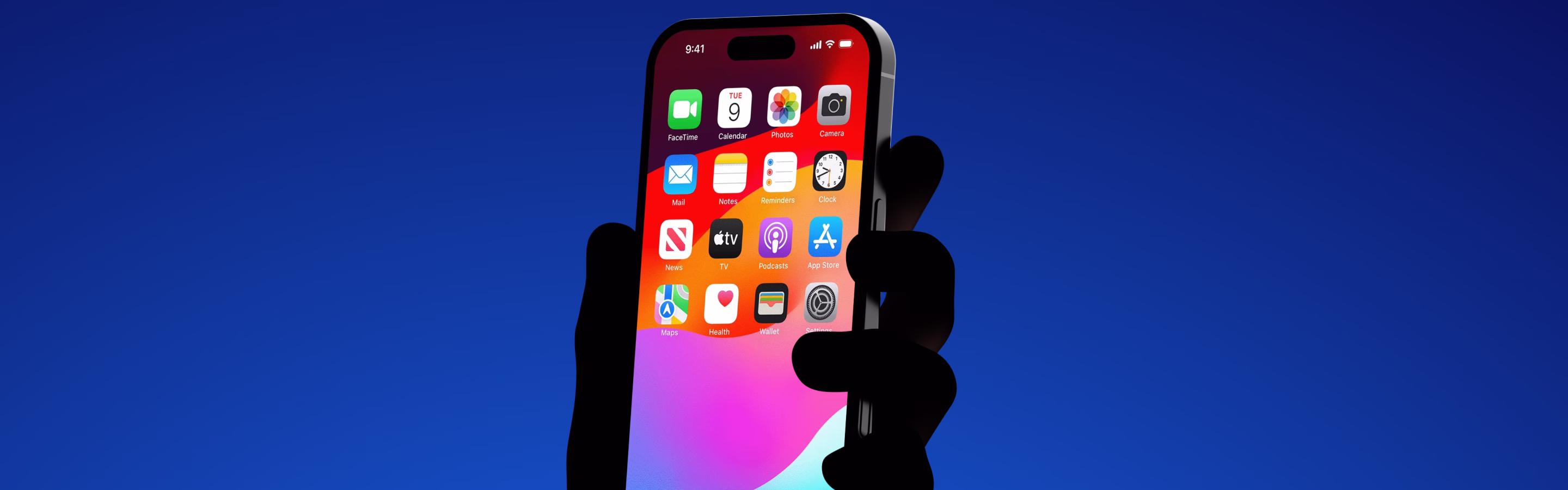 A hand holds a smartphone displaying various app icons, against a gradient blue background. 