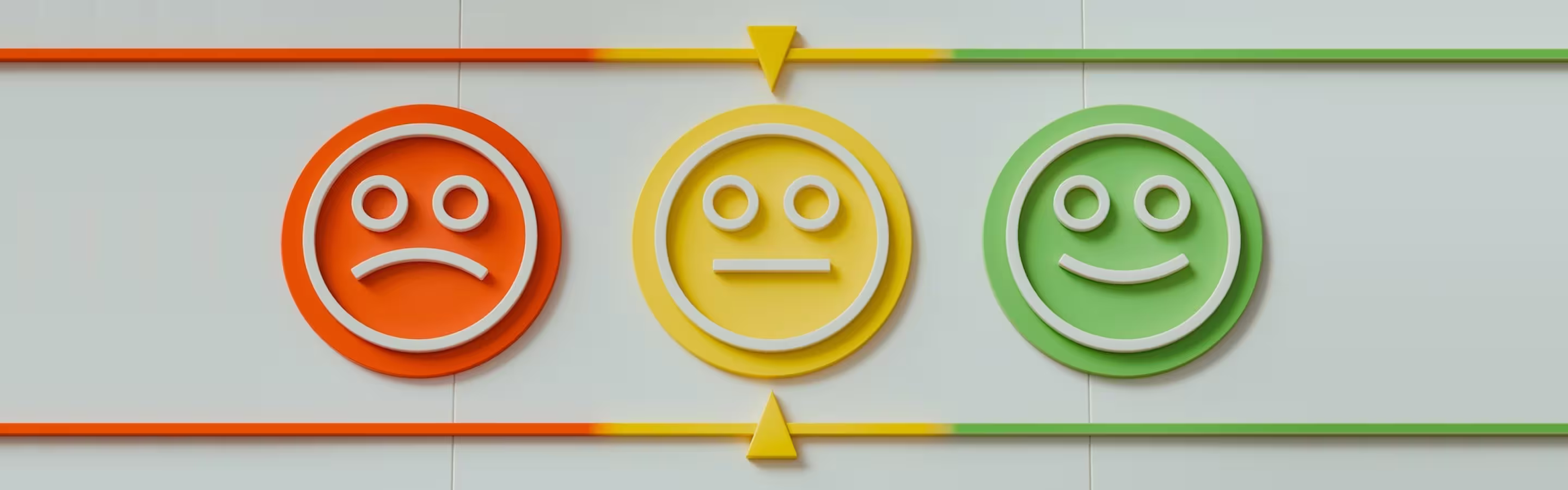 3D customer satisfaction scale with red sad, yellow neutral, and green happy face icons, marker set to neutral