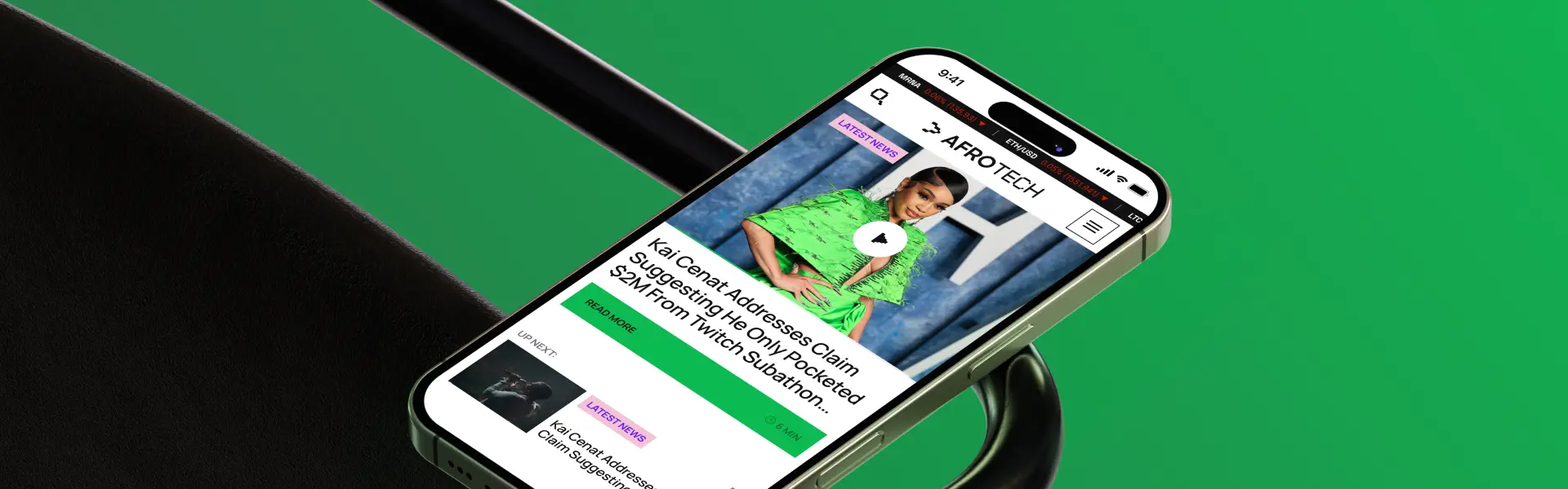 Phone showing the AfroTech news app with a featured article, ticker bar, and "Up Next" feed