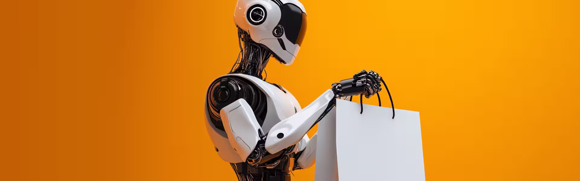 Futuristic humanoid robot holding a shopping bag on bright orange background, symbolizing AI in e-commerce and retail innovation